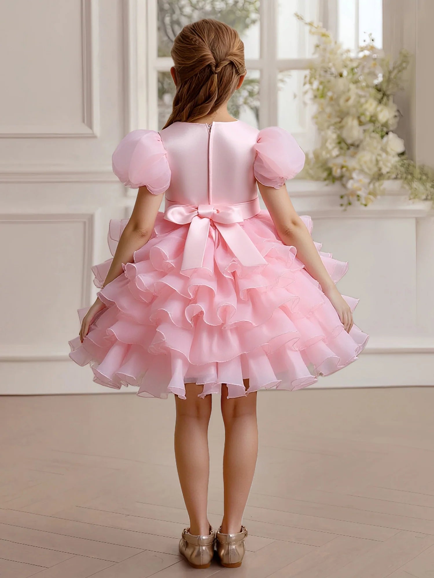 Puff Short Sleeve Round Back Large Satin Bow Multi-Layer Ruffle Hem Pink Sequin Tulle Short Flower Girl Dresses