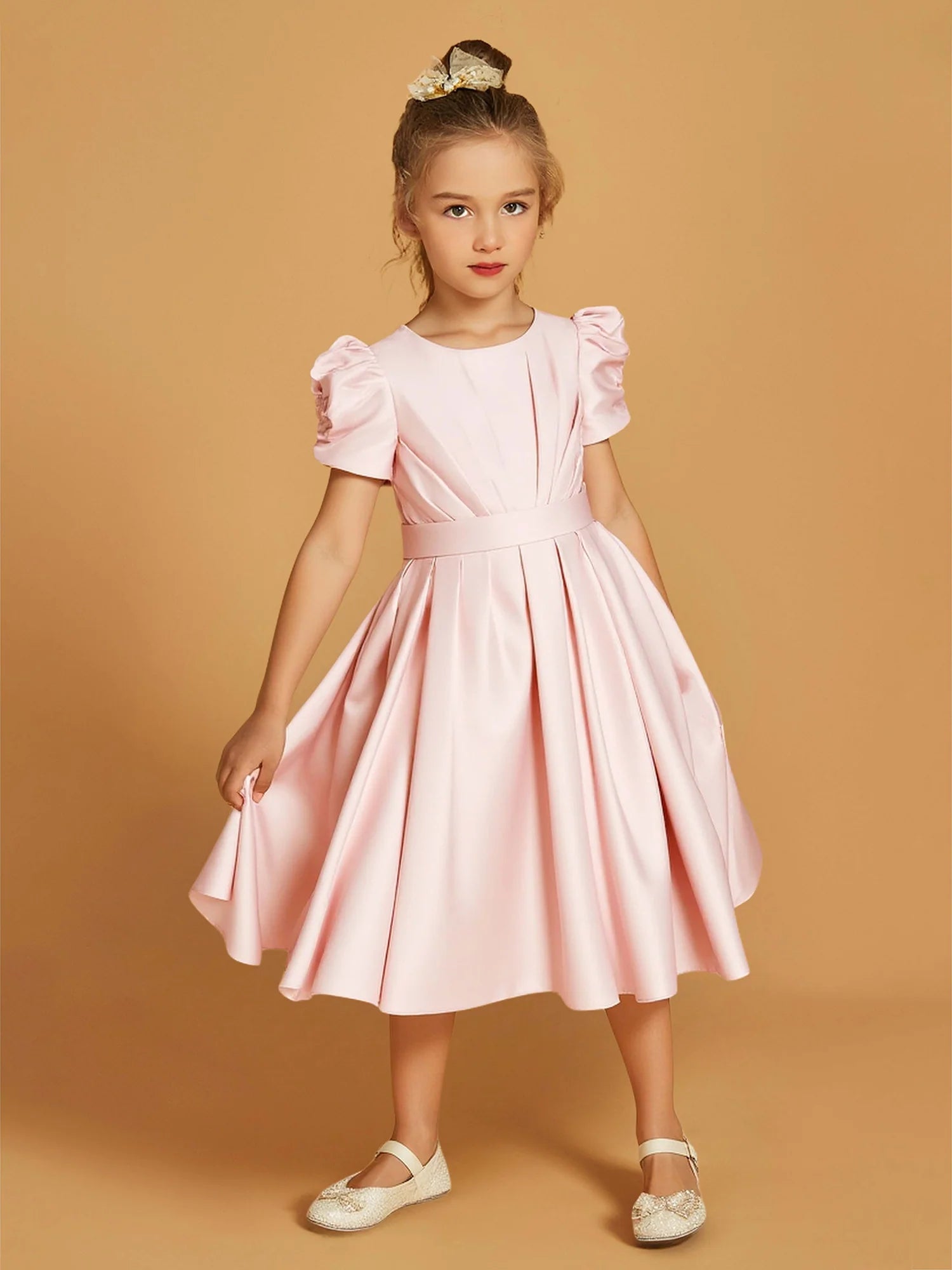 Puff Short Sleeve Round Button Back Big Satin Bow Blush Pink Satin Knee Length Flower Girl Dresses