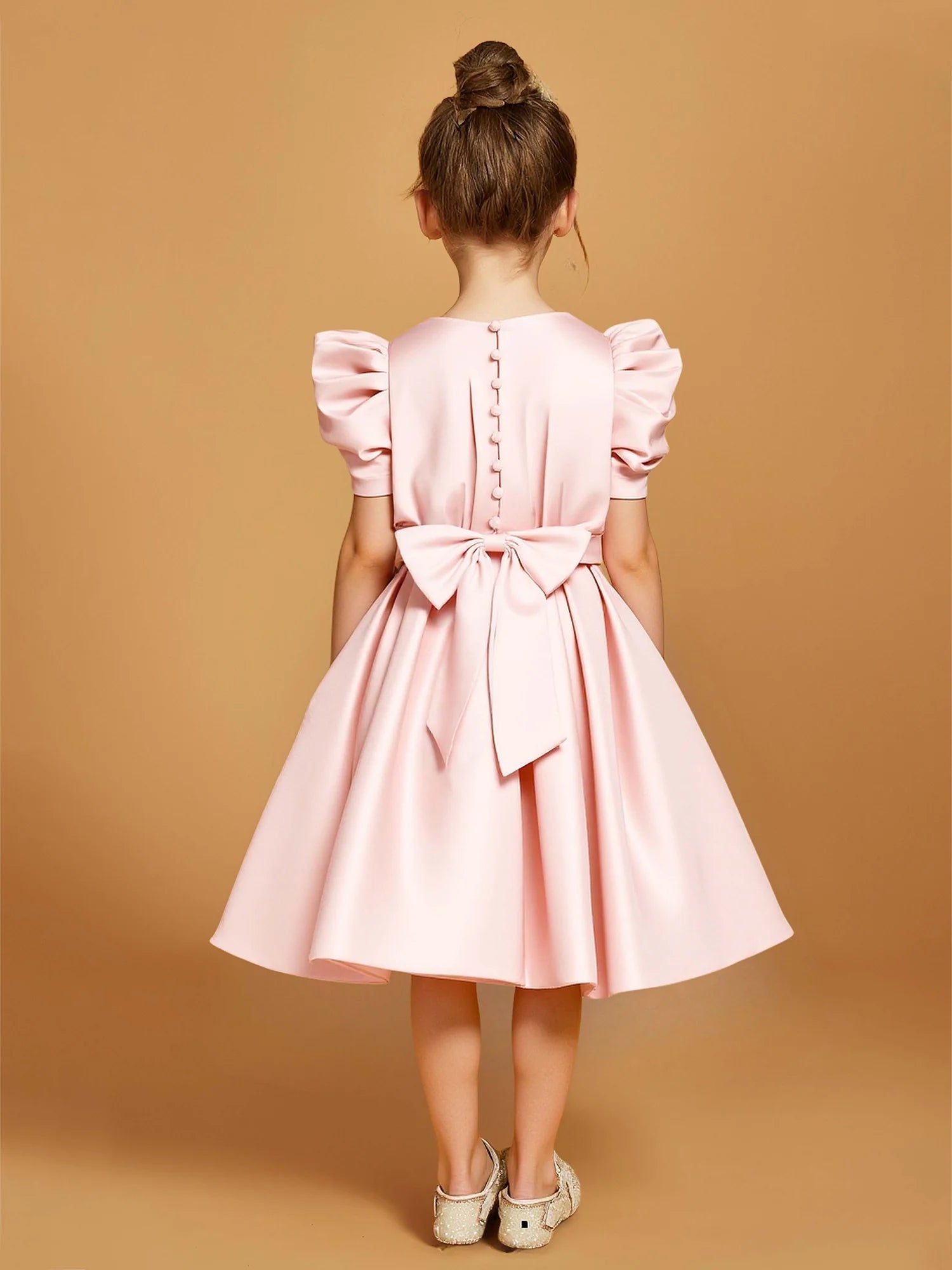 Puff Short Sleeve Round Button Back Big Satin Bow Blush Pink Satin Knee Length Flower Girl Dresses