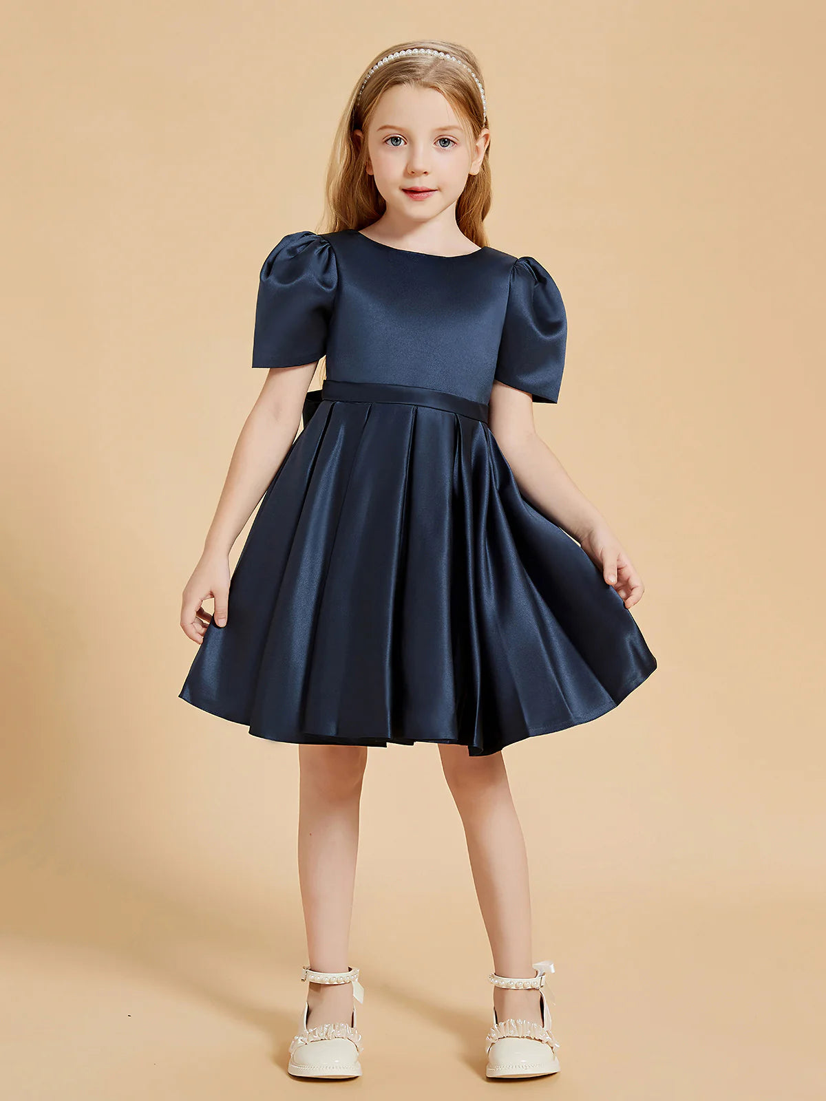 Puff Short Sleeve Round Lace-Up V Back Big Satin Bow Navy Satin Knee Length Flower Girl Dresses