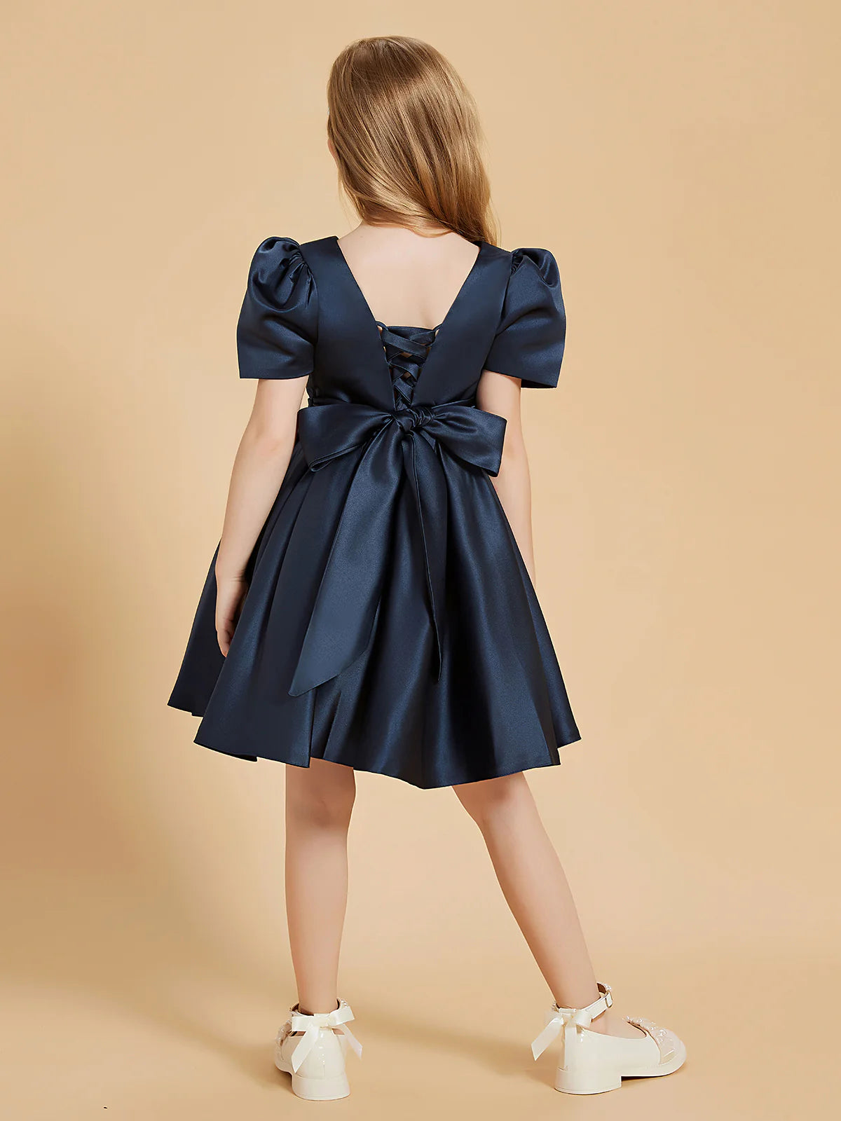 Puff Short Sleeve Round Lace-Up V Back Big Satin Bow Navy Satin Knee Length Flower Girl Dresses