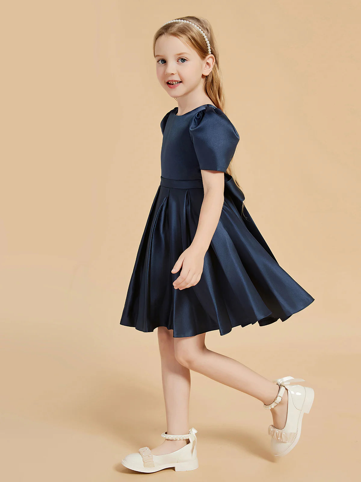 Puff Short Sleeve Round Lace-Up V Back Big Satin Bow Navy Satin Knee Length Flower Girl Dresses