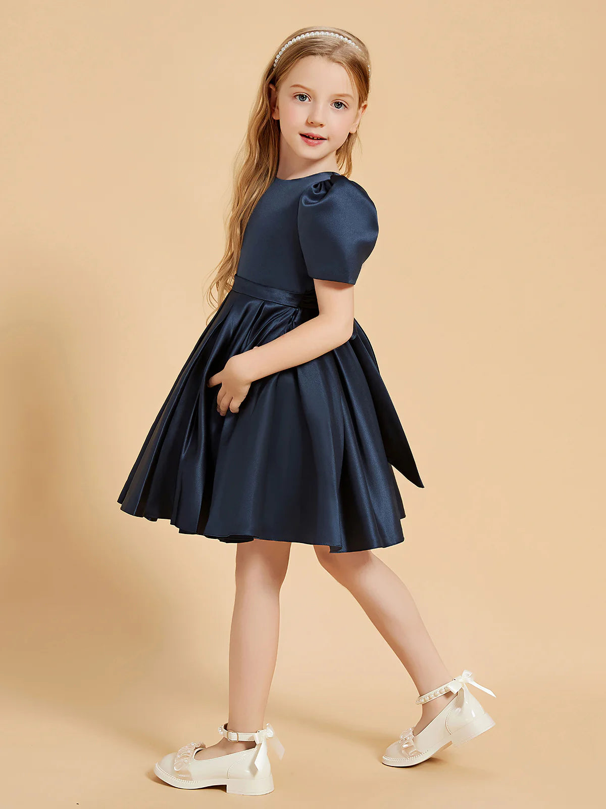 Puff Short Sleeve Round Lace-Up V Back Big Satin Bow Navy Satin Knee Length Flower Girl Dresses
