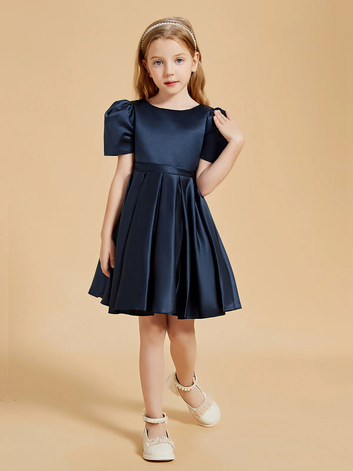 Puff Short Sleeve Round Lace-Up V Back Big Satin Bow Navy Satin Knee Length Flower Girl Dresses