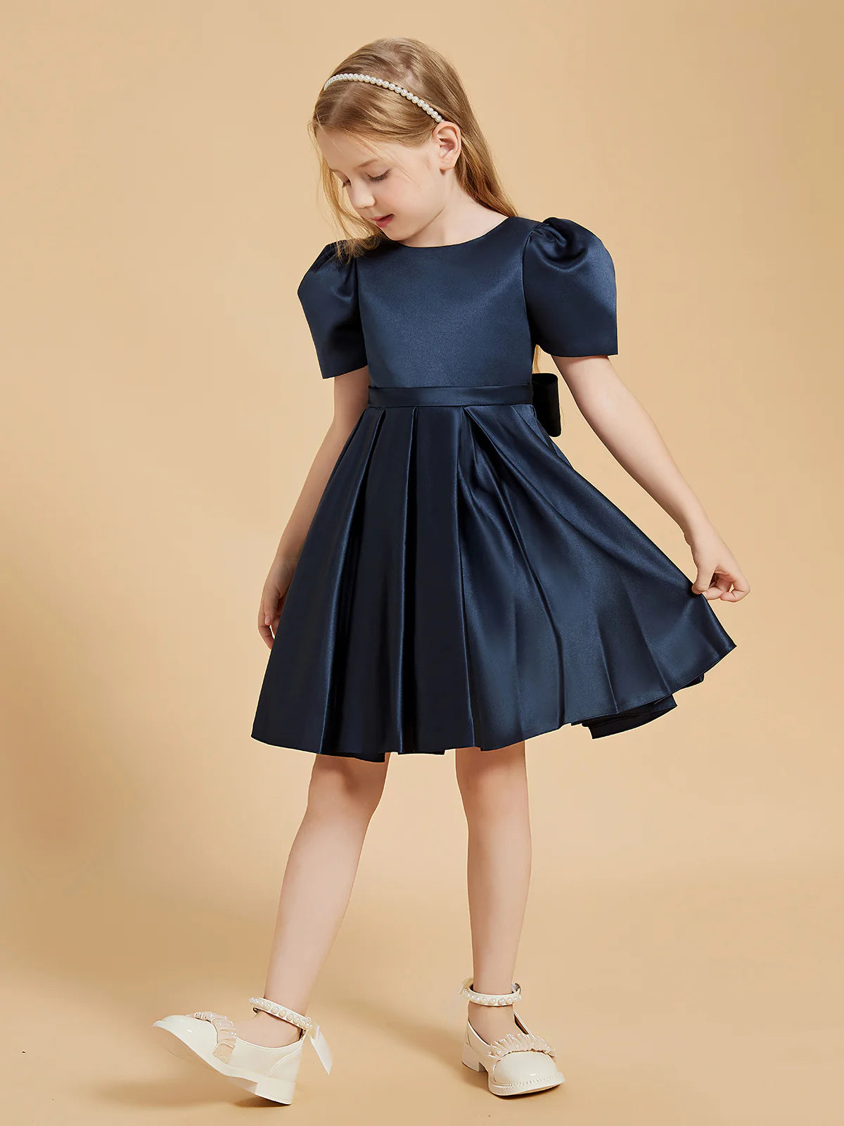 Puff Short Sleeve Round Lace-Up V Back Big Satin Bow Navy Satin Knee Length Flower Girl Dresses