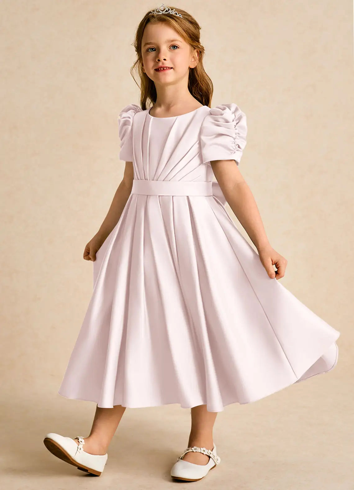 Puff Short Sleeve Round Neck Blush Satin Knee-Length Flower Girl Dresses with Back Bow