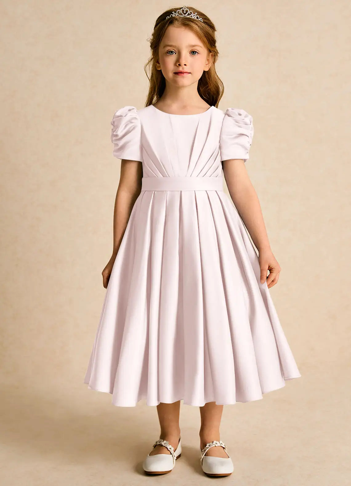 Puff Short Sleeve Round Neck Blush Satin Knee-Length Flower Girl Dresses with Back Bow