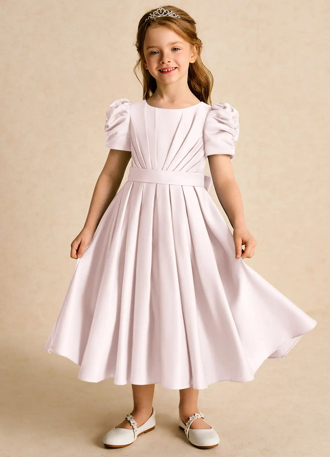 Puff Short Sleeve Round Neck Blush Satin Knee-Length Flower Girl Dresses with Back Bow