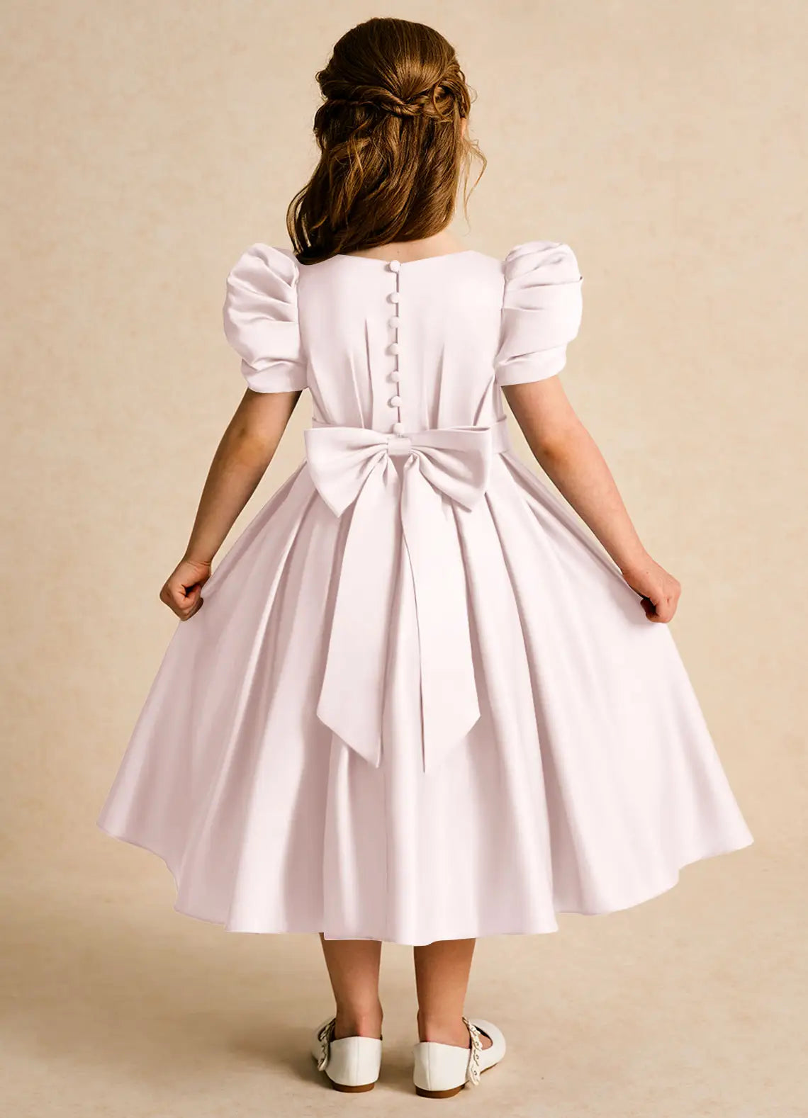 Puff Short Sleeve Round Neck Blush Satin Knee-Length Flower Girl Dresses with Back Bow