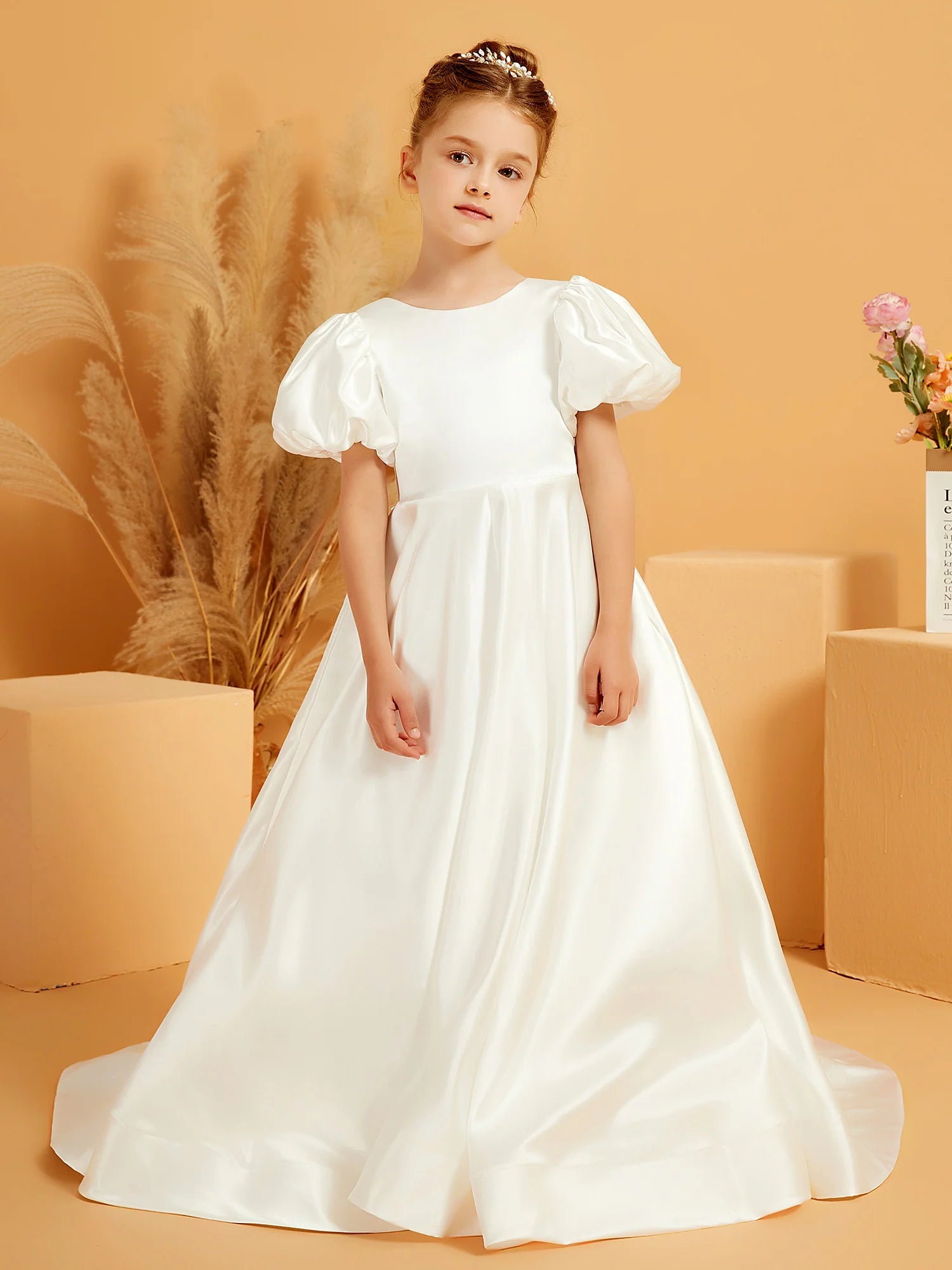 Puff Short Sleeve Round Neck V Back Large Satin Bow White Satin Train Floor Length Flower Girl Dresses