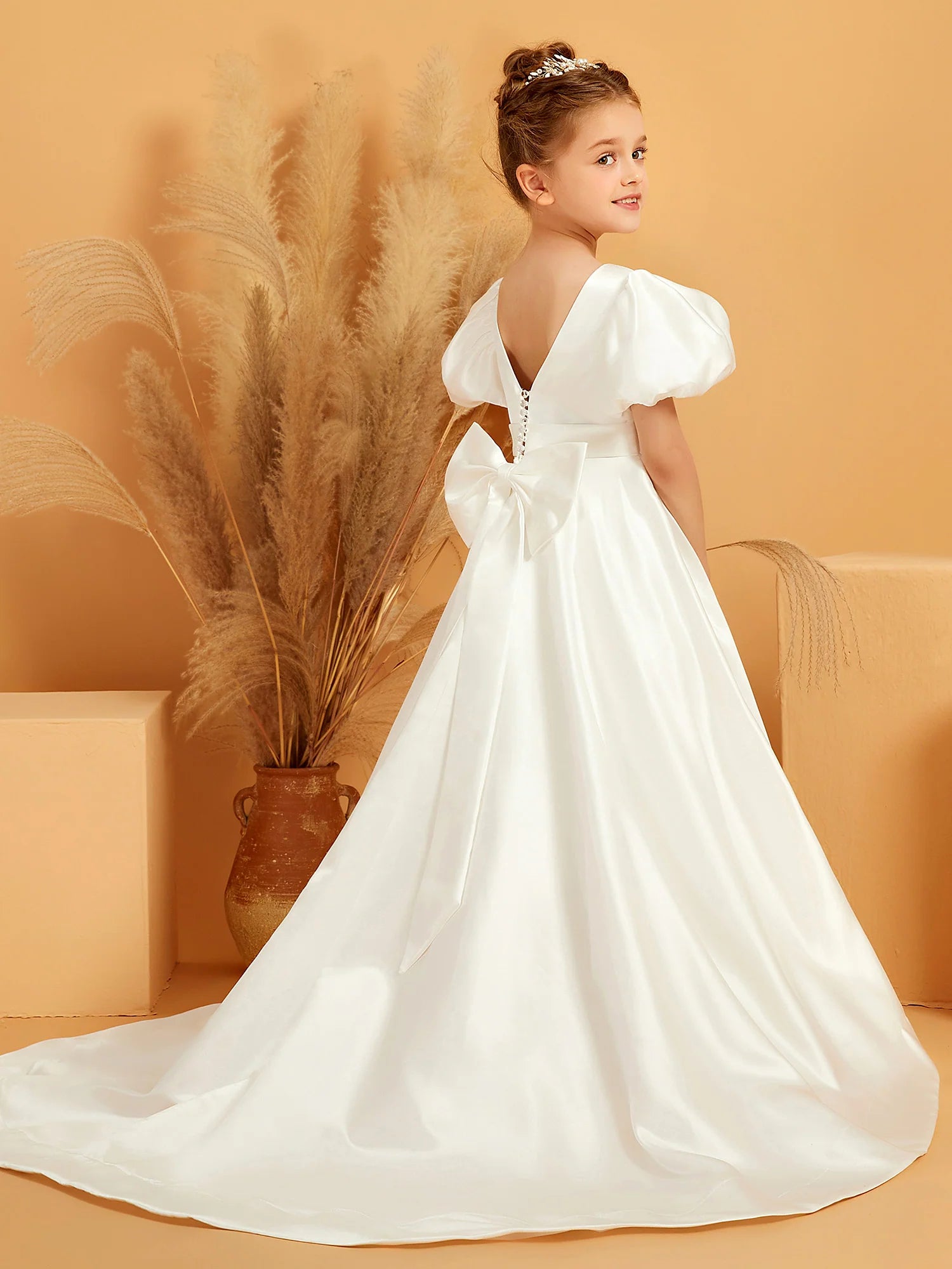 Puff Short Sleeve Round Neck V Back Large Satin Bow White Satin Train Floor Length Flower Girl Dresses