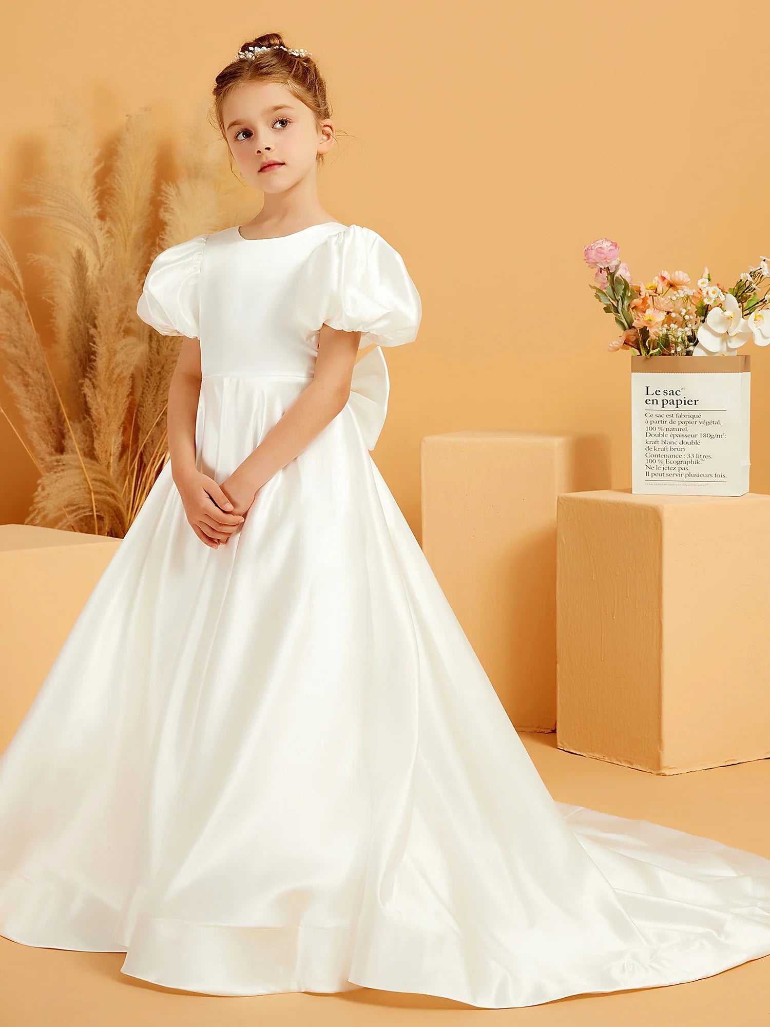 Puff Short Sleeve Round Neck V Back Large Satin Bow White Satin Train Floor Length Flower Girl Dresses