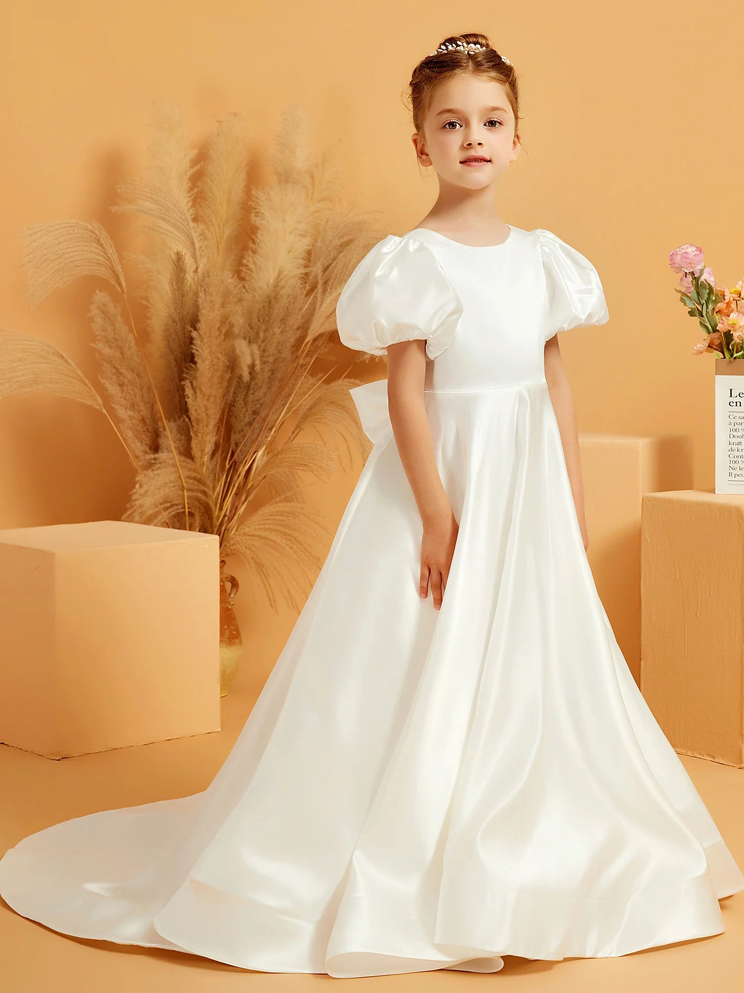 Puff Short Sleeve Round Neck V Back Large Satin Bow White Satin Train Floor Length Flower Girl Dresses