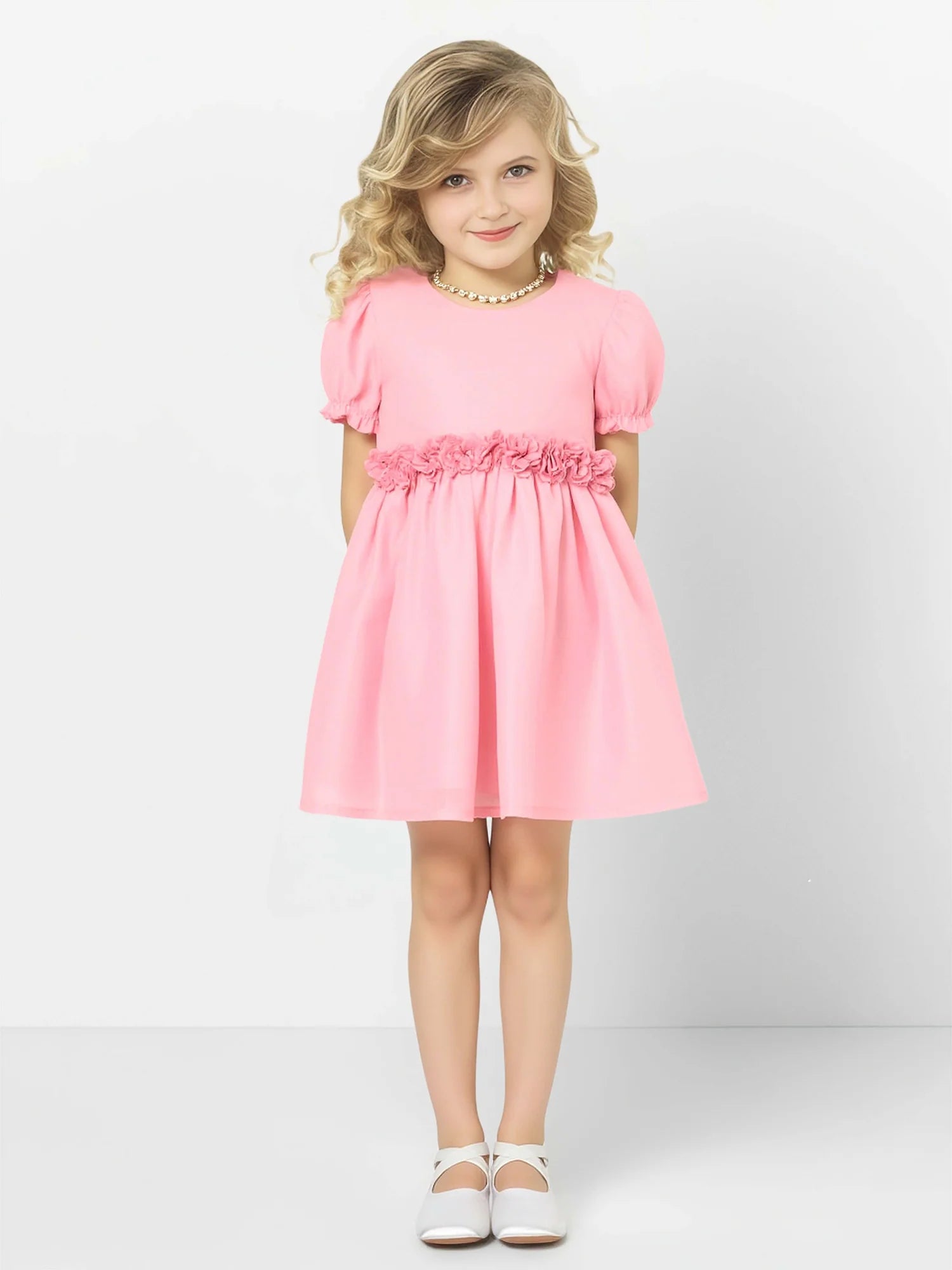 Puff Short Sleeve Round Neck Waist 3D Floral Ruffle Pink Chiffon Short Flower Girl Dresses