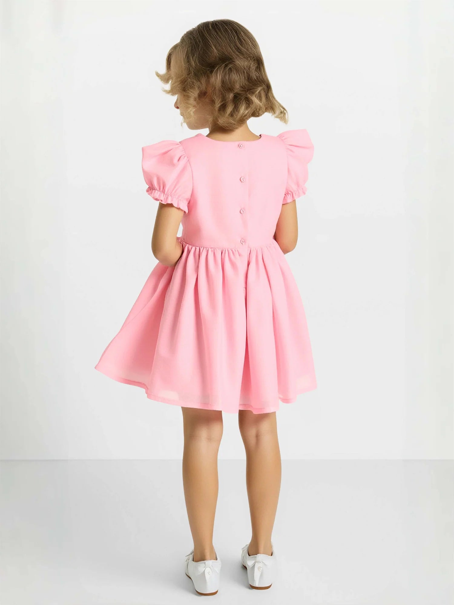 Puff Short Sleeve Round Neck Waist 3D Floral Ruffle Pink Chiffon Short Flower Girl Dresses