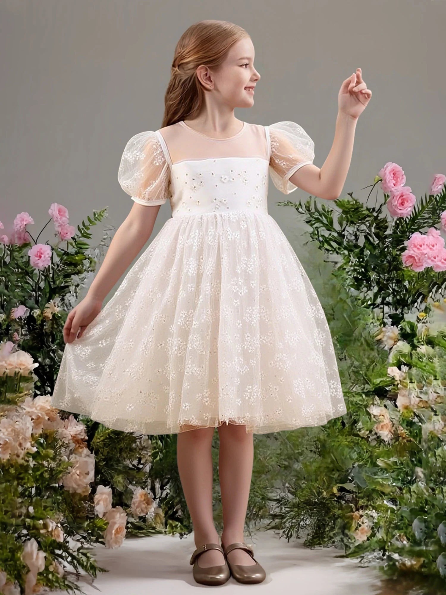 Puff Short Sleeve Round Solid Back Large Satin Bow Floral Embroidery Tulle Midi Flower Girl Dresses