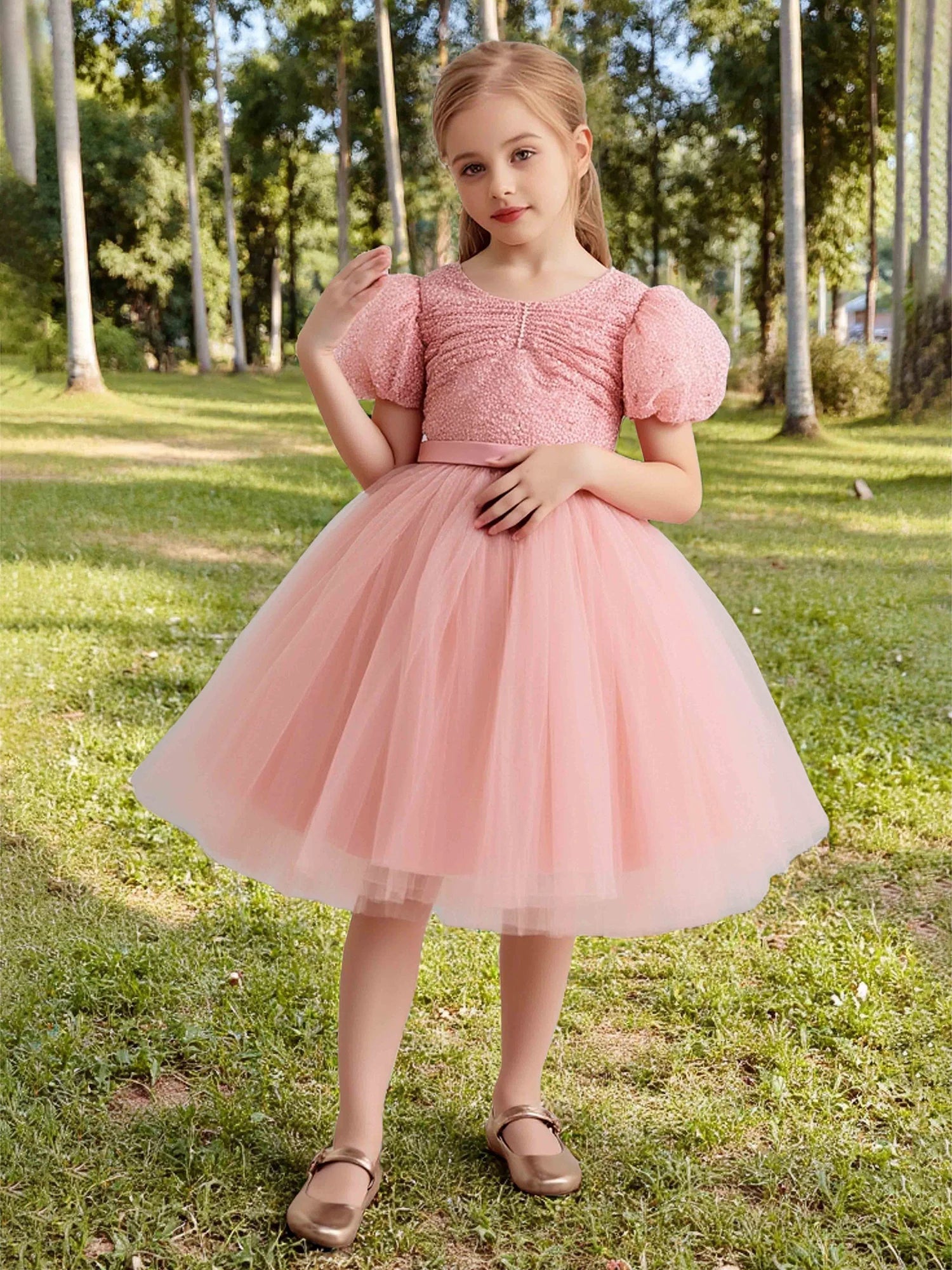 Puff Short Sleeve Round Solid Back Sash Bow Pink Glitter Tulle Short Flower Girl Dresses