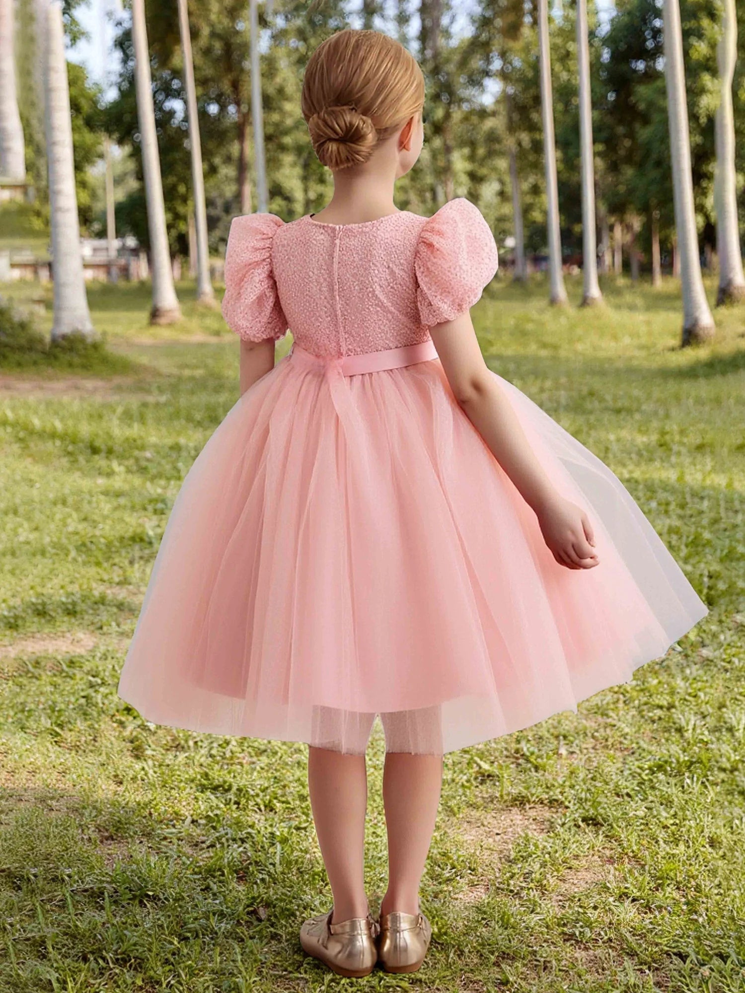 Puff Short Sleeve Round Solid Back Sash Bow Pink Glitter Tulle Short Flower Girl Dresses