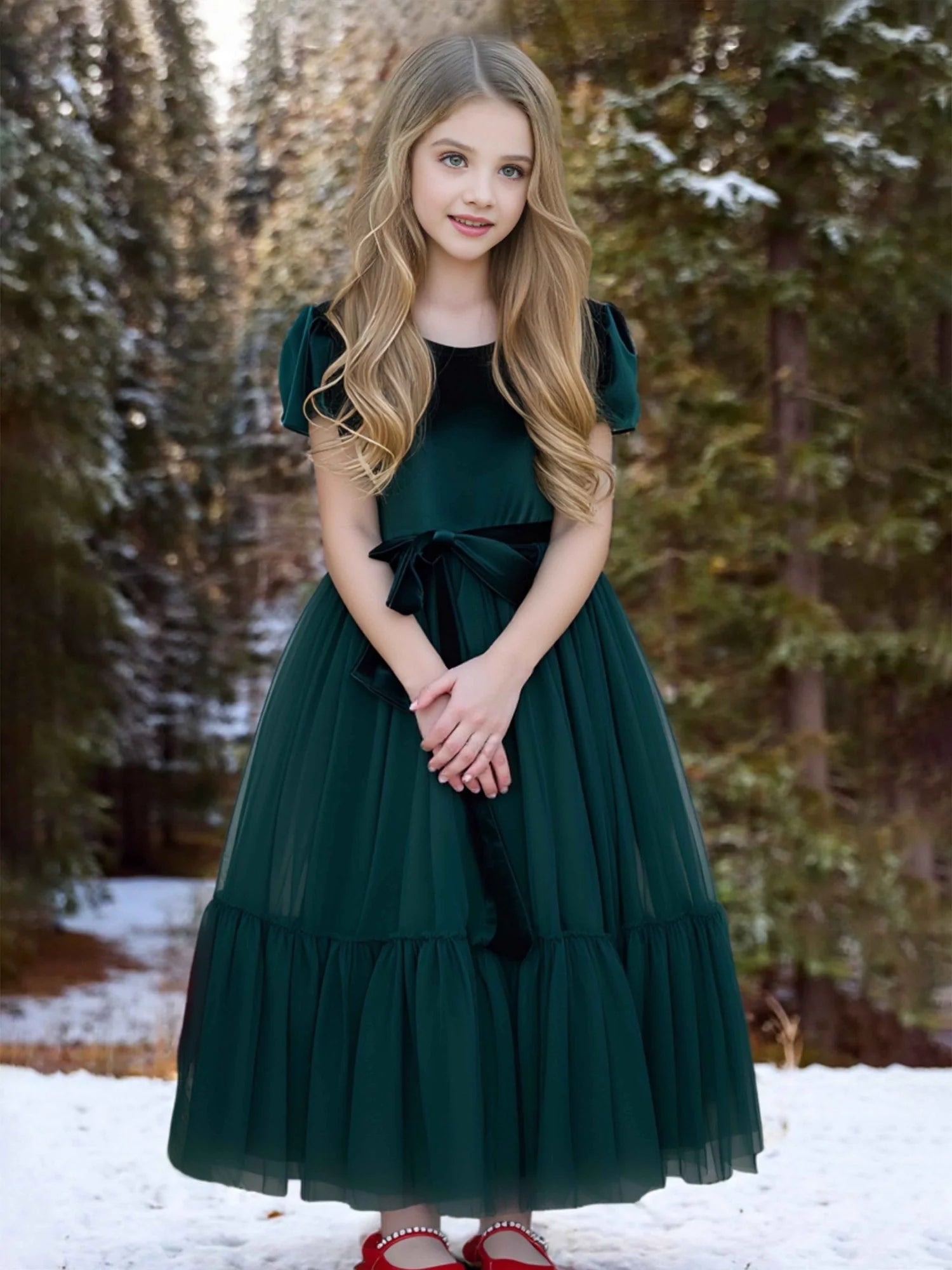 Puff Short Sleeve Round Solid Back Velvet Satin Bow Two-Tier Ruffle Hem Dark Green Tulle Midi Flower Girl Dresses