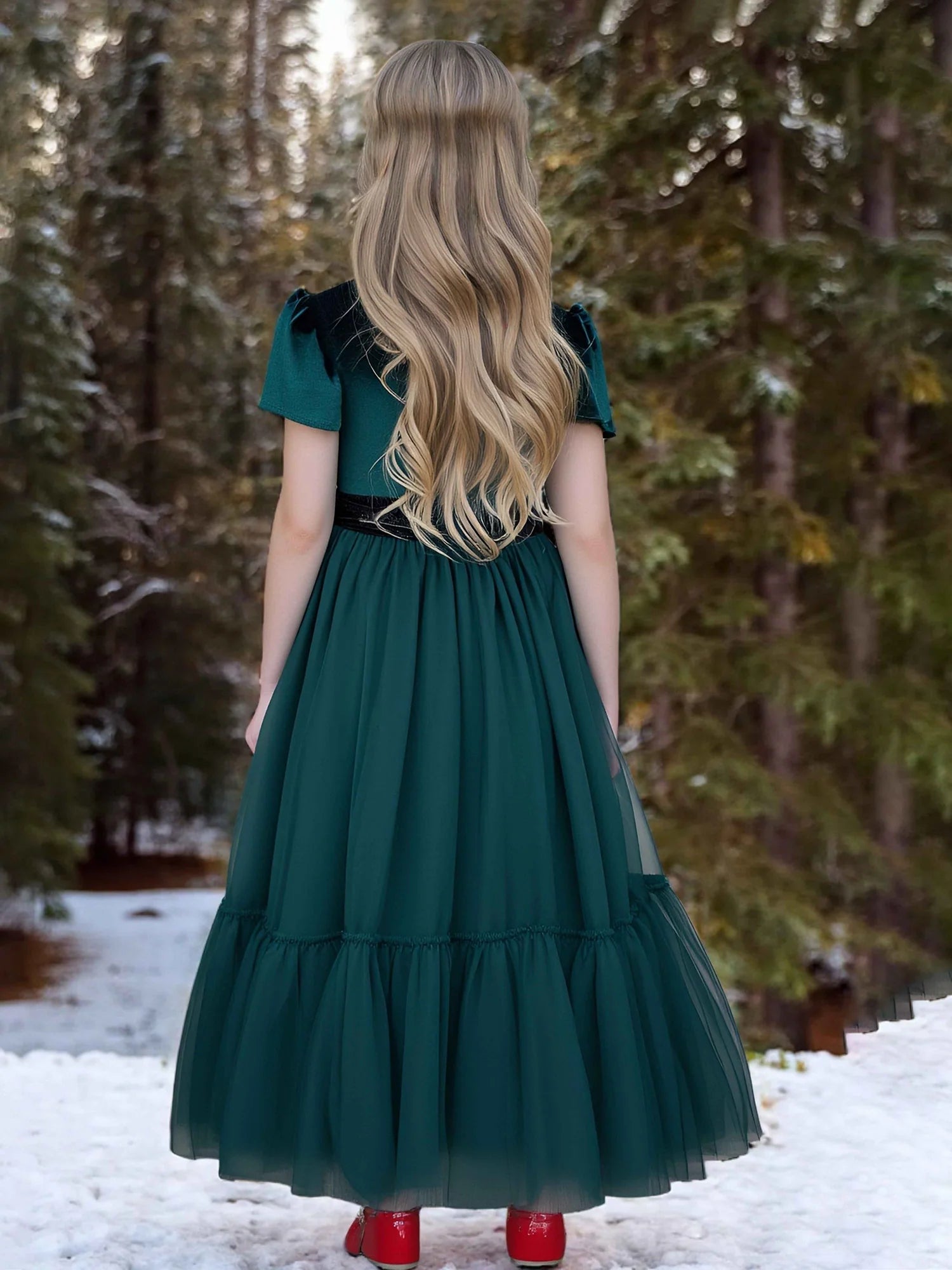 Puff Short Sleeve Round Solid Back Velvet Satin Bow Two-Tier Ruffle Hem Dark Green Tulle Midi Flower Girl Dresses