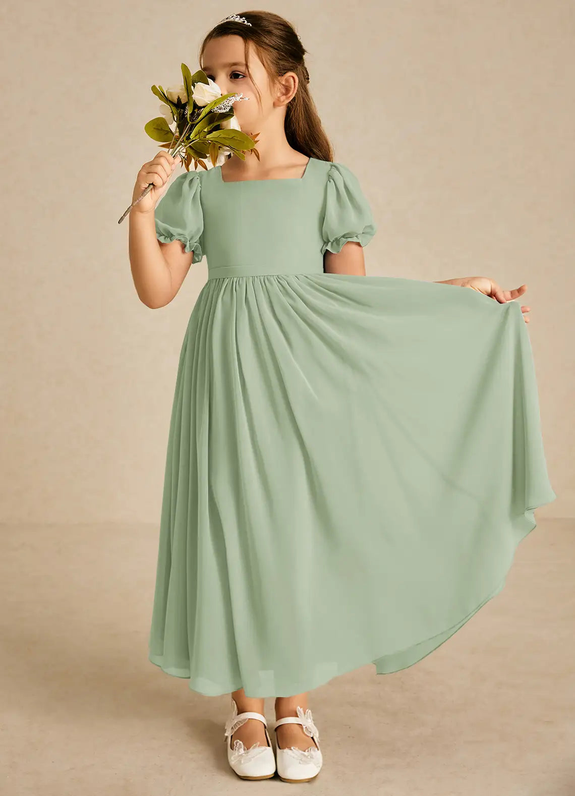 Puff Short Sleeve Square Back Bow Sage Chiffon Full Length Junior Bridesmaid Dresses