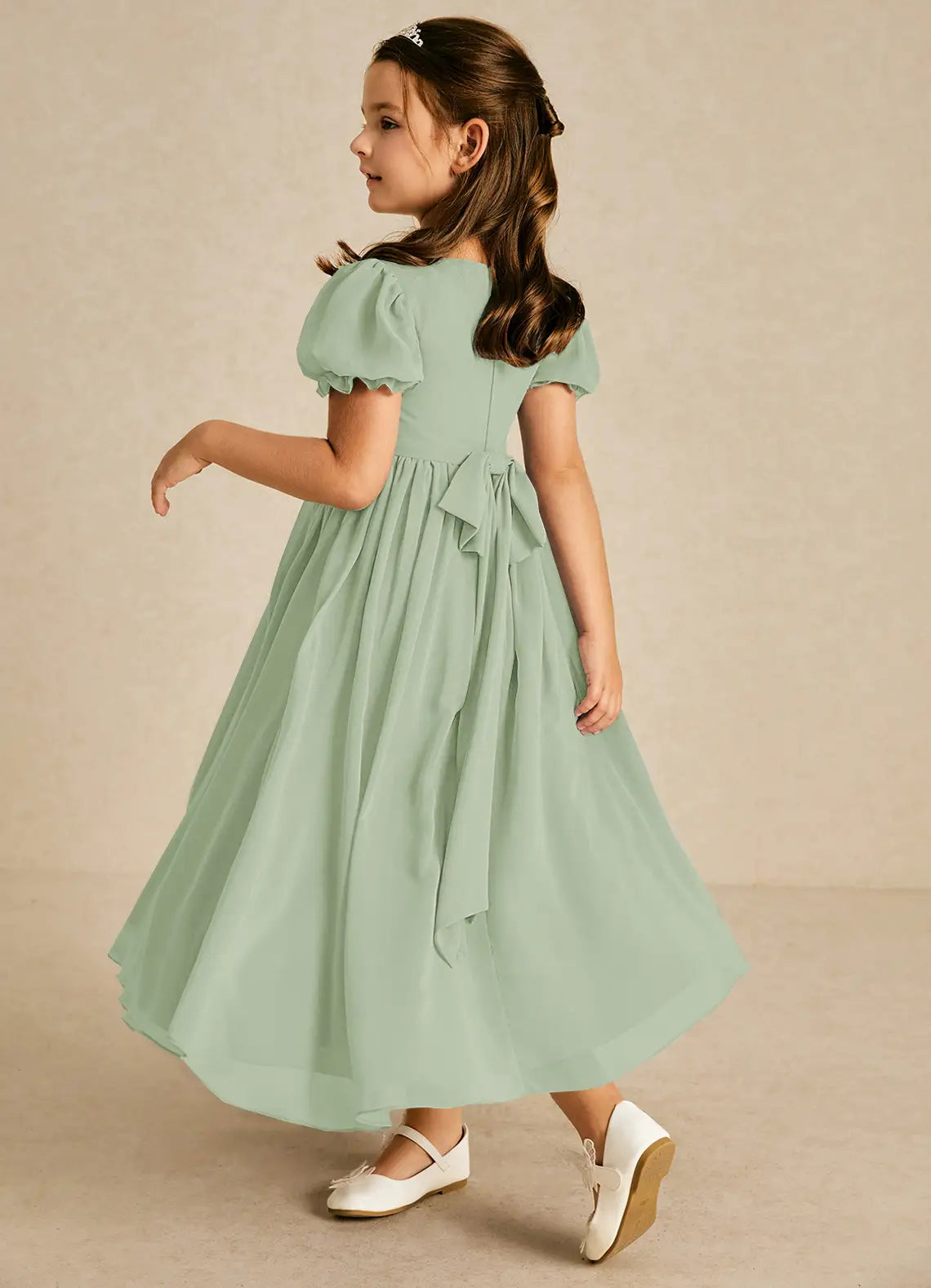 Puff Short Sleeve Square Back Bow Sage Chiffon Full Length Junior Bridesmaid Dresses