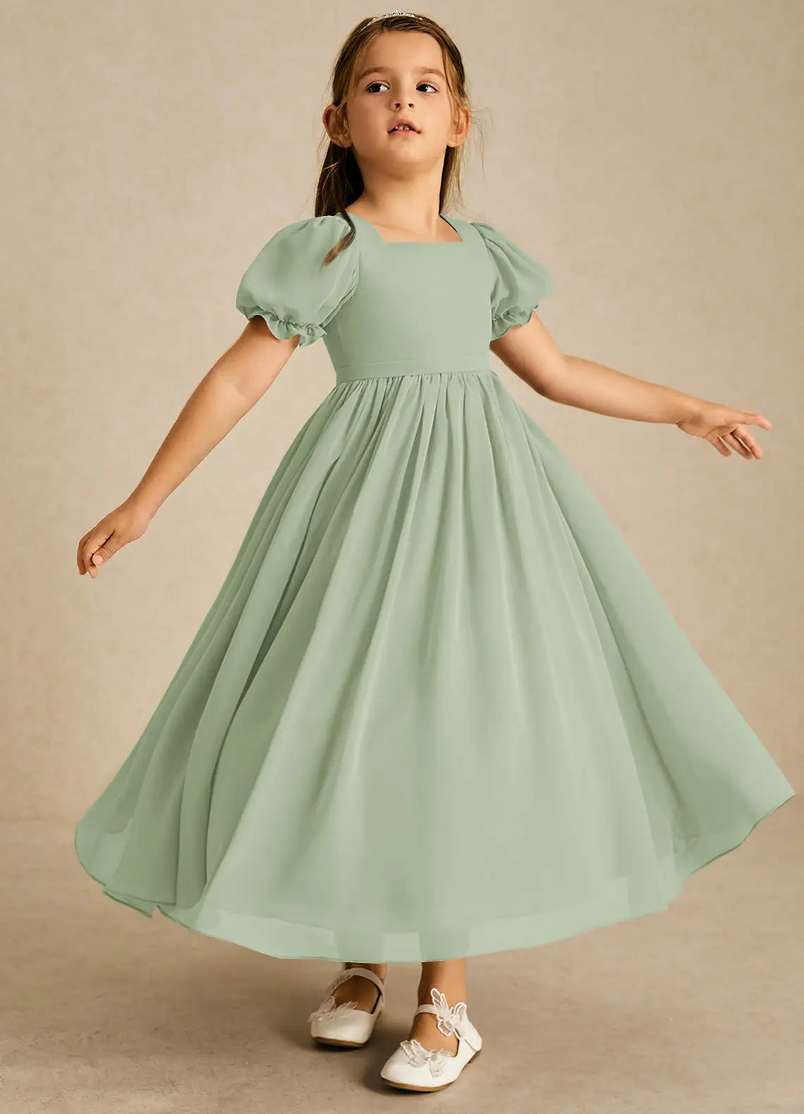 Puff Short Sleeve Square Back Bow Sage Chiffon Full Length Junior Bridesmaid Dresses