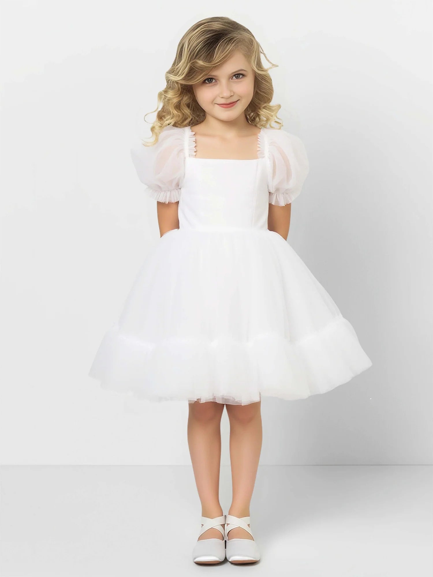 Puff Short Sleeve Square Back Bow White Tulle Short Flower Girl Dresses