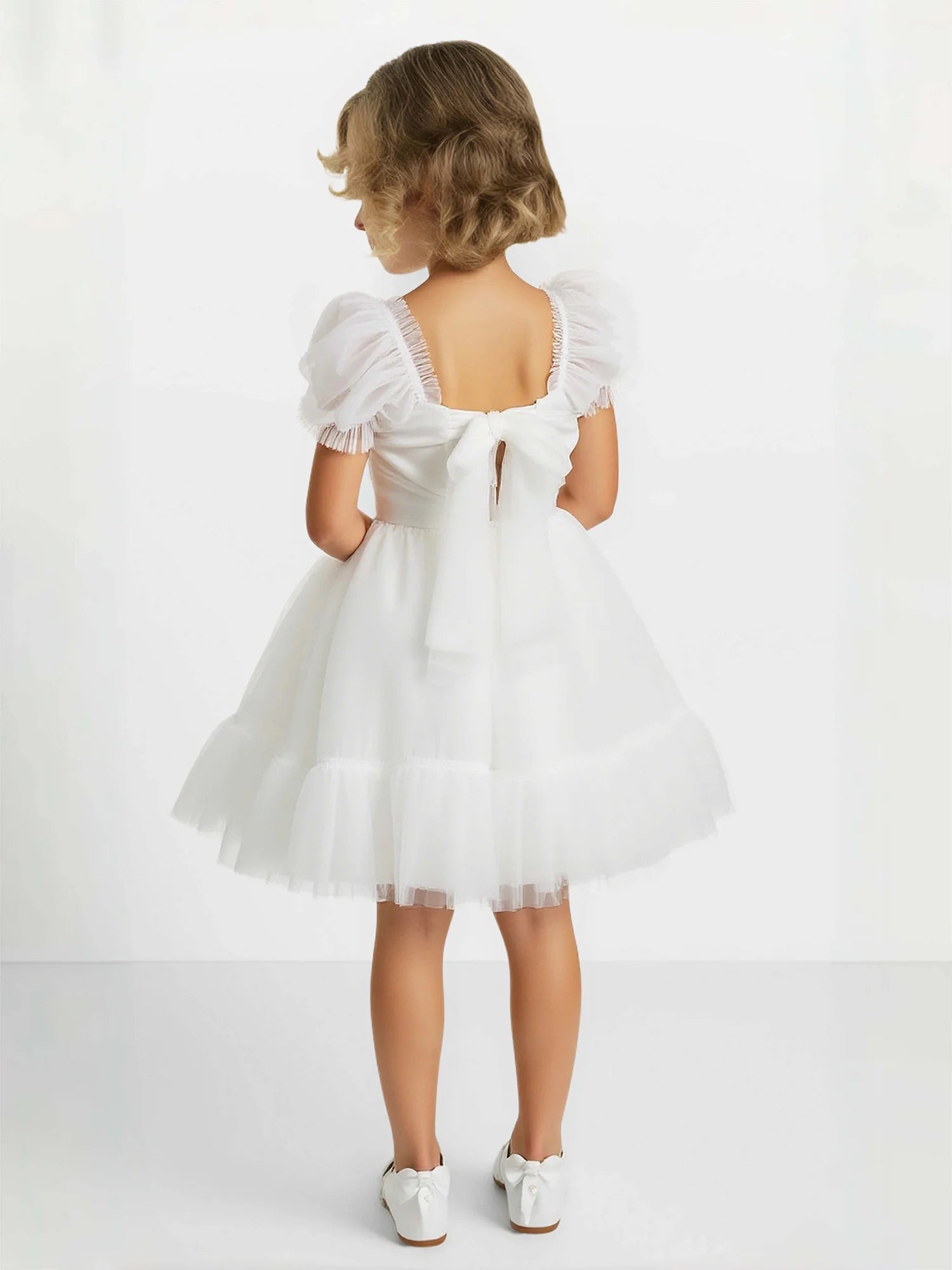 Puff Short Sleeve Square Back Bow White Tulle Short Flower Girl Dresses