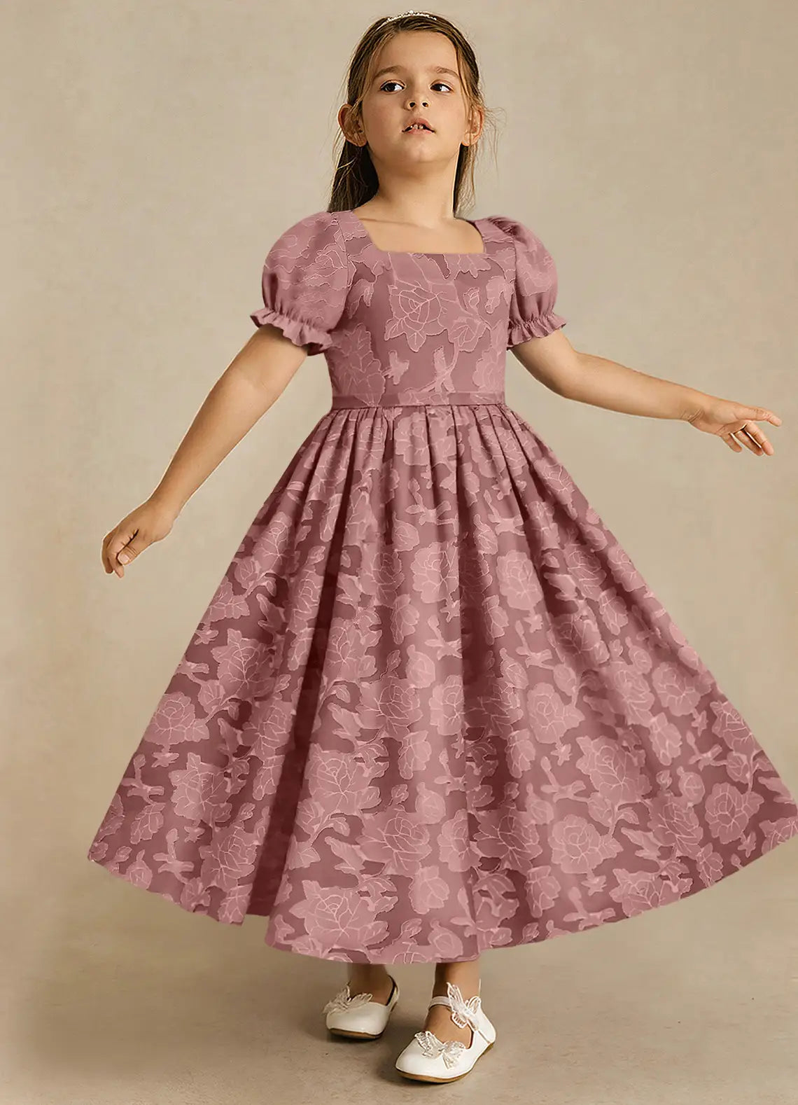Puff Short Sleeve Square Back Giant Bow Dusty Rose Floral Jacquard Midi Flower Girl Dresses