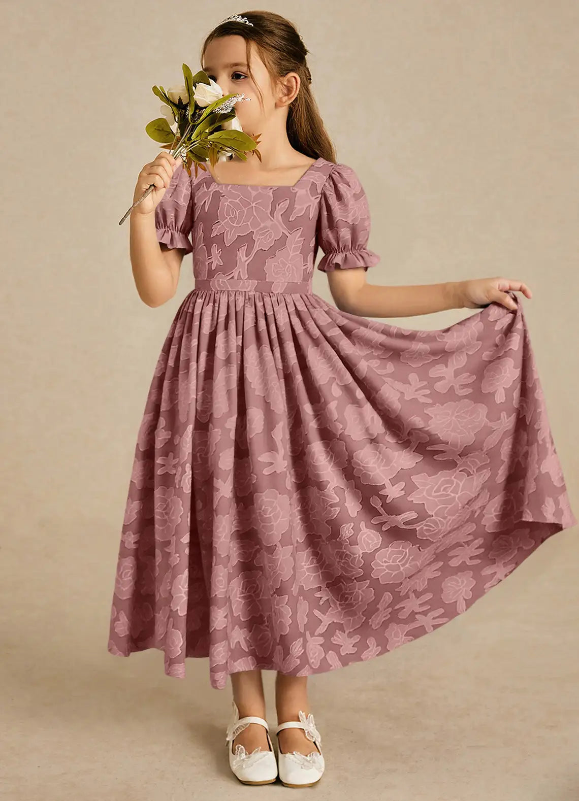 Puff Short Sleeve Square Back Giant Bow Dusty Rose Floral Jacquard Midi Flower Girl Dresses