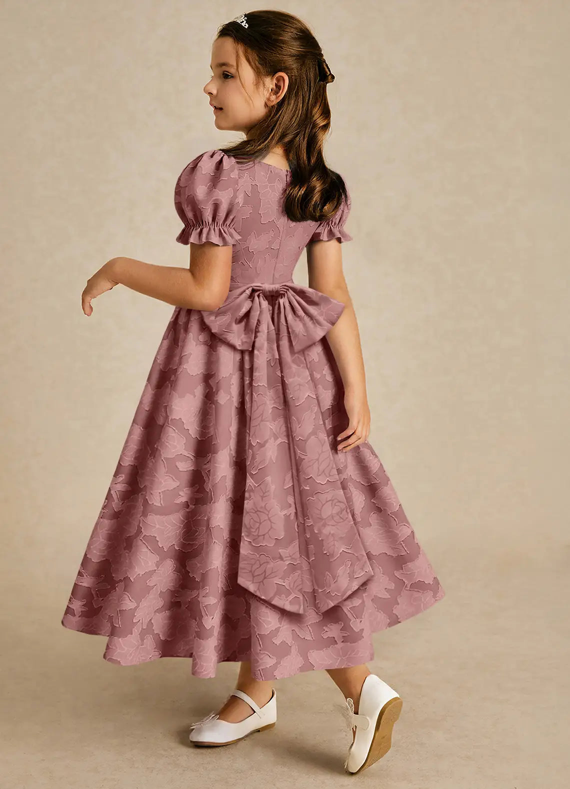 Puff Short Sleeve Square Back Giant Bow Dusty Rose Floral Jacquard Midi Flower Girl Dresses