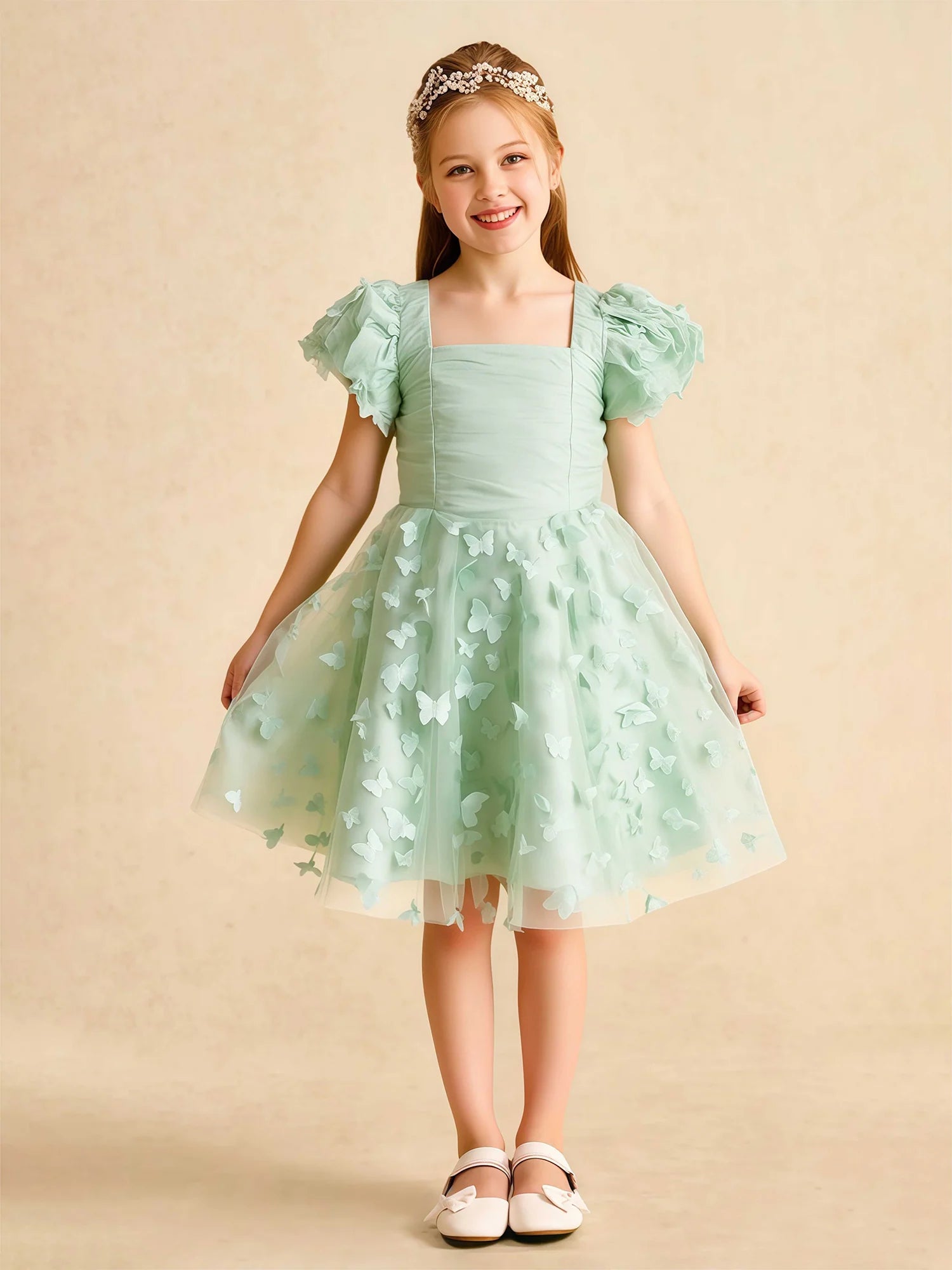 Puff Short Sleeve Square Neck All Over 3D Butterfly Tulle Mint Green Knee Length Flower Girl Dresses