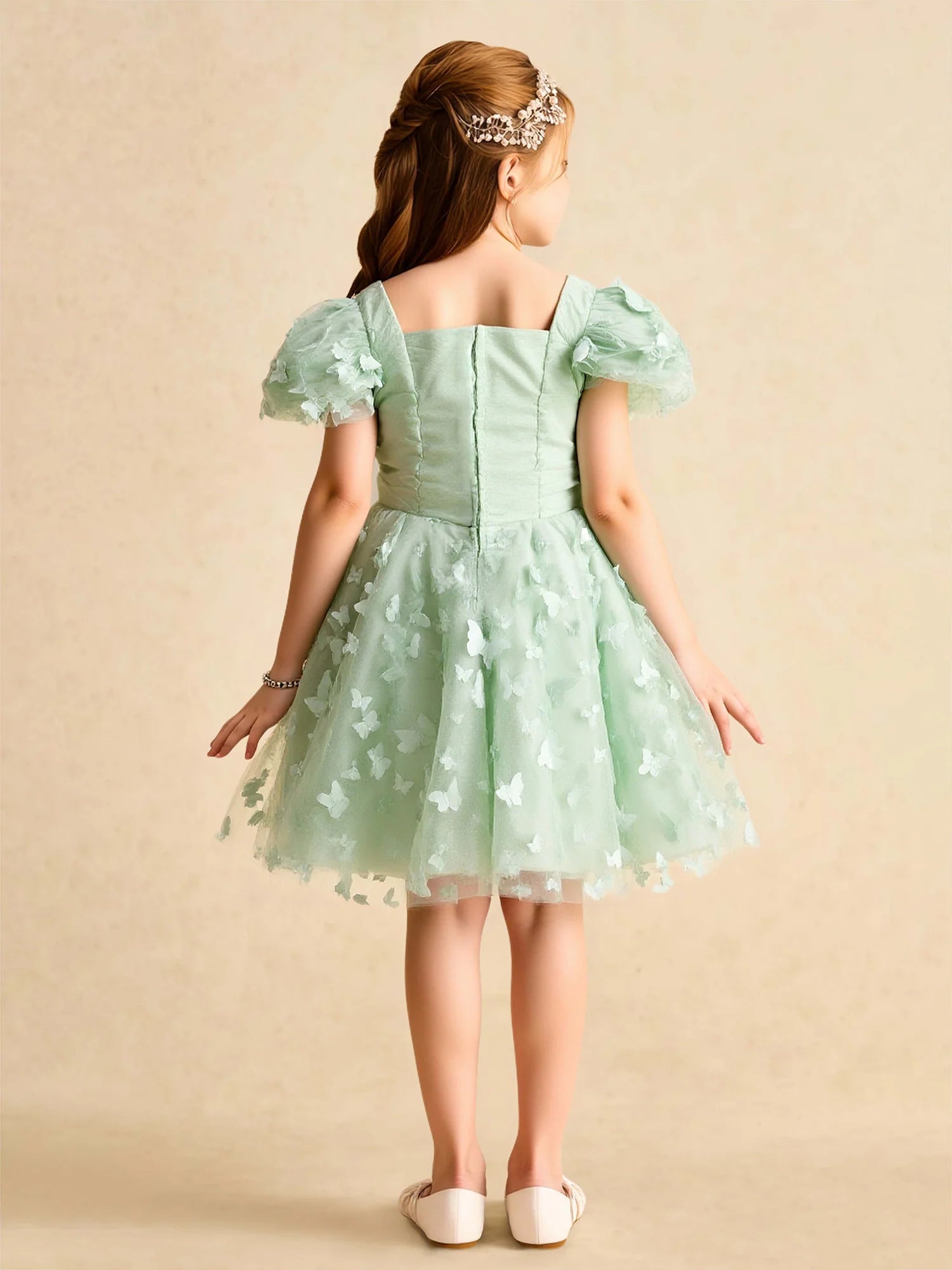 Puff Short Sleeve Square Neck All Over 3D Butterfly Tulle Mint Green Knee Length Flower Girl Dresses