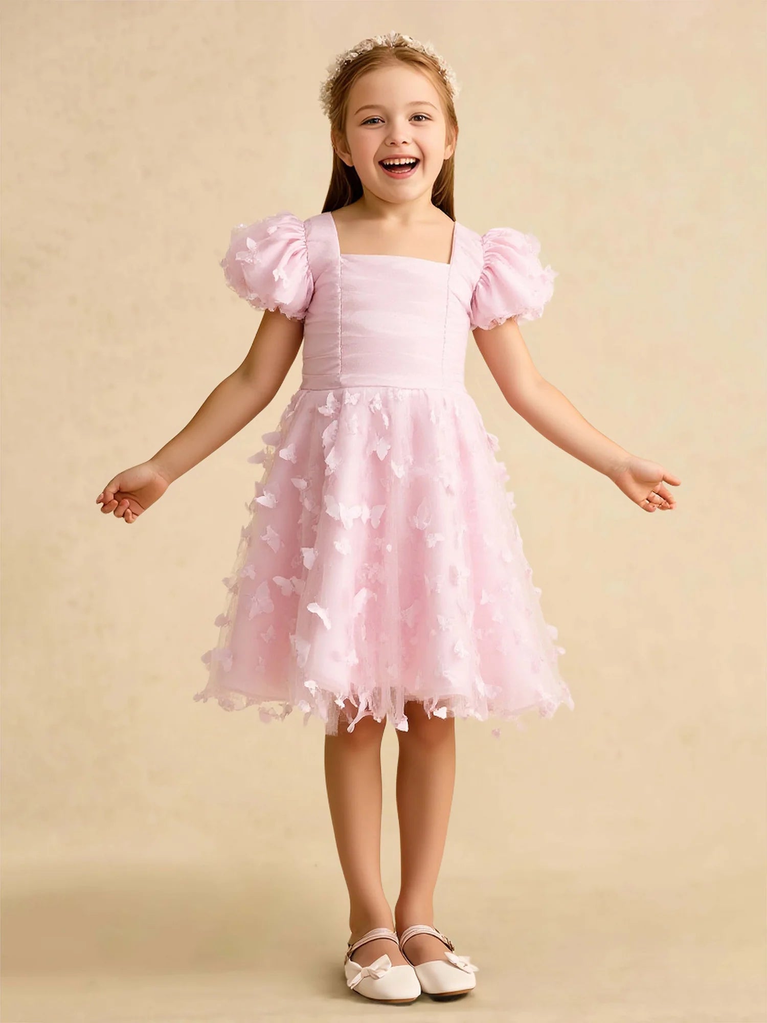 Puff Short Sleeve Square Neck All Over 3D Butterfly Tulle Pink Knee Length Flower Girl Dresses