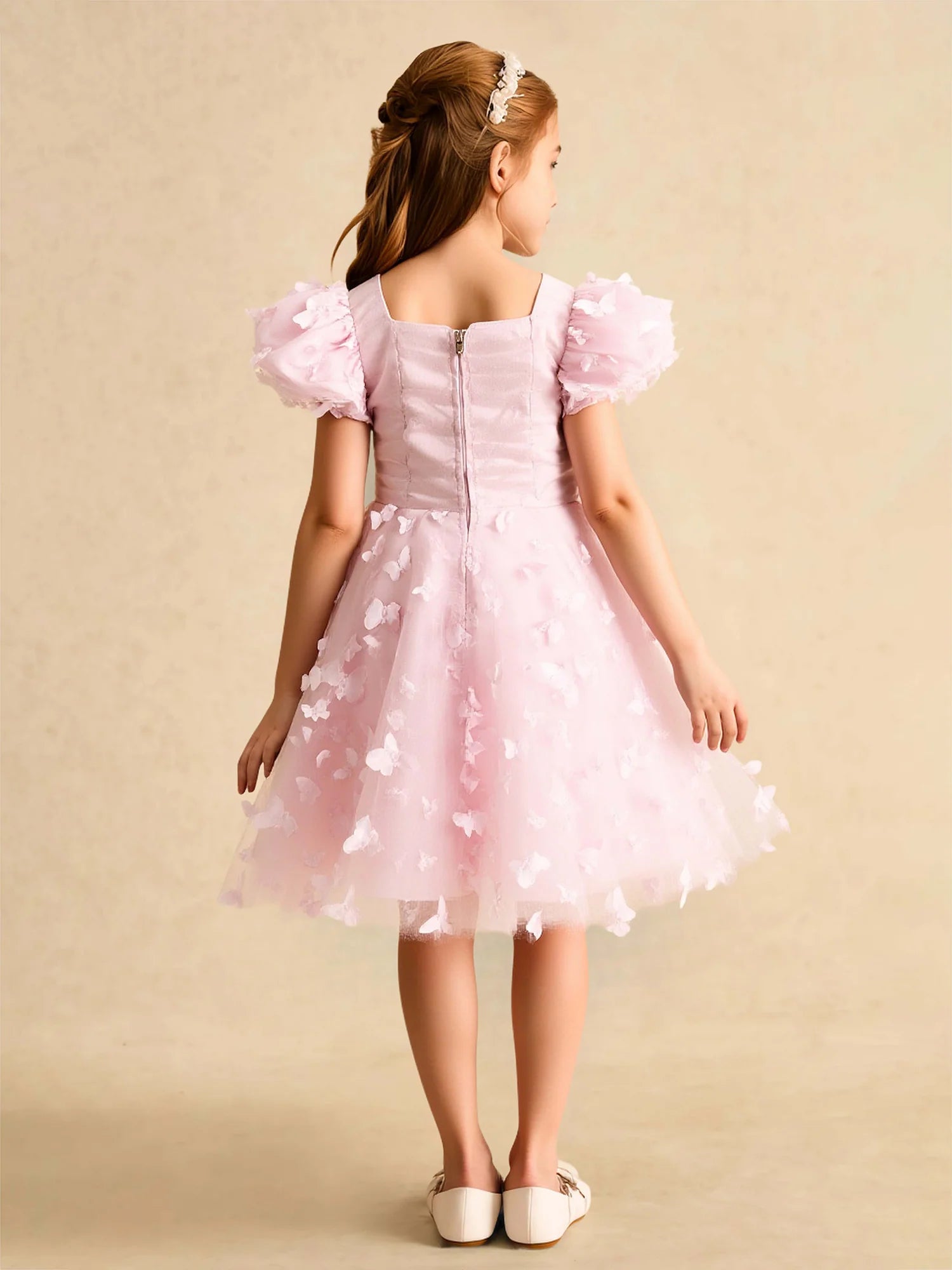 Puff Short Sleeve Square Neck All Over 3D Butterfly Tulle Pink Knee Length Flower Girl Dresses