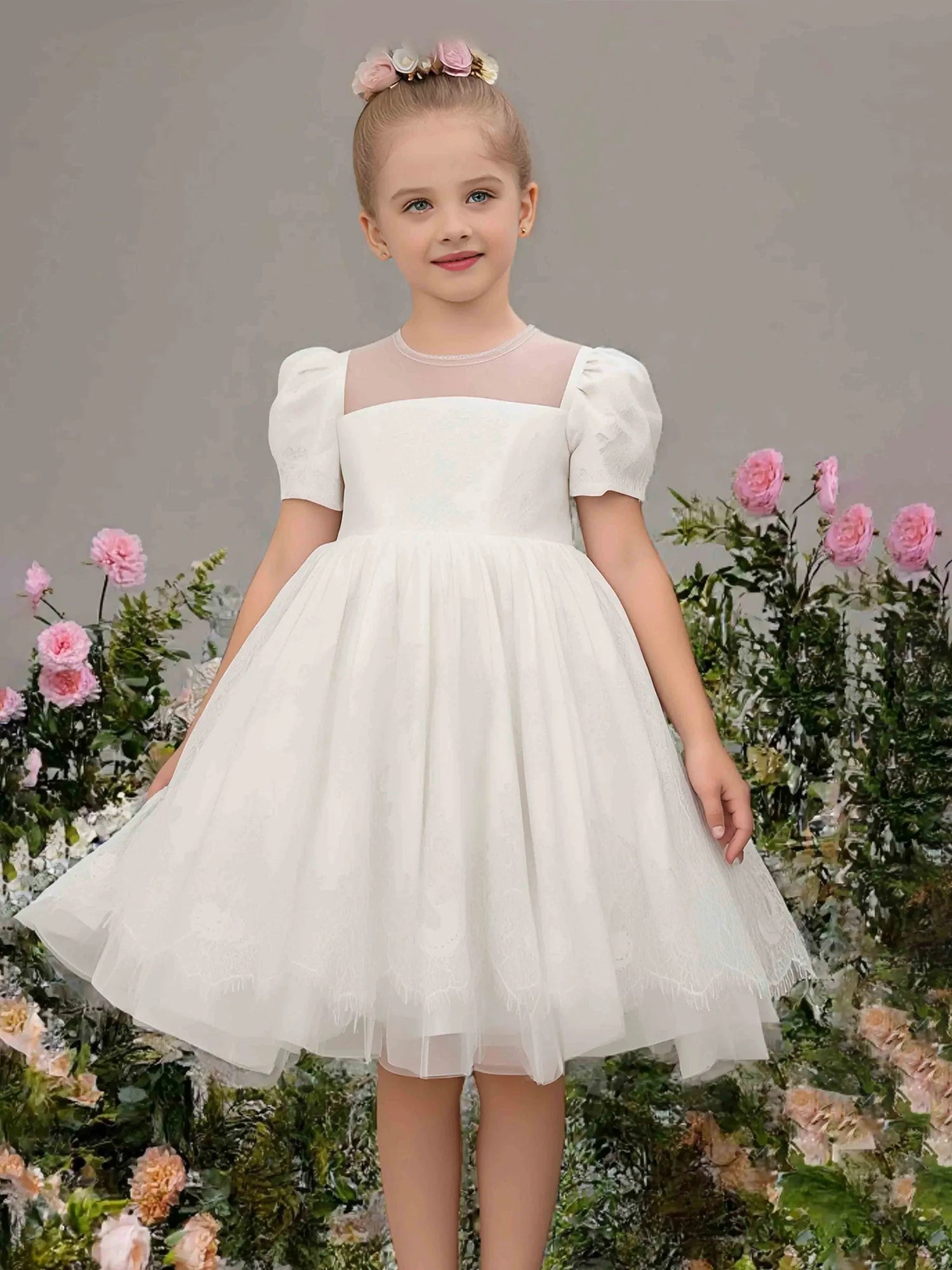 Puff Short Sleeve Square Sheer Mesh Back Tie White Lace Tulle Short Flower Girl Dresses