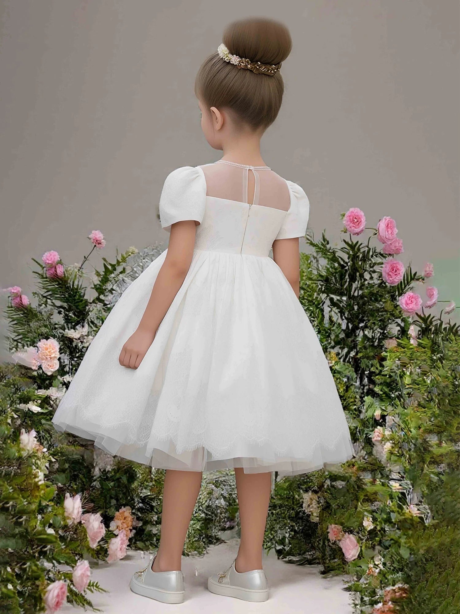 Puff Short Sleeve Square Sheer Mesh Back Tie White Lace Tulle Short Flower Girl Dresses