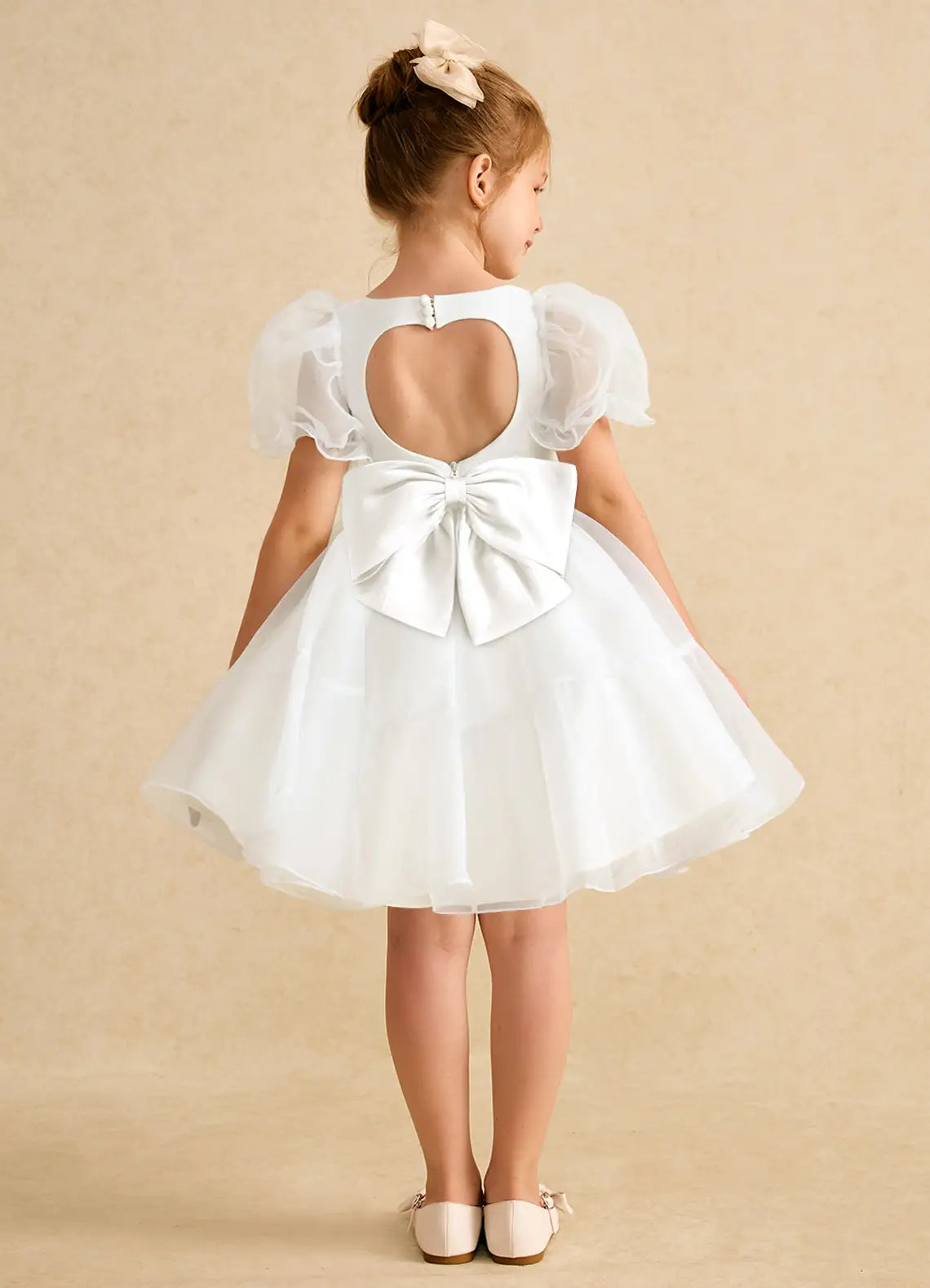 Puff Short Sleeve Sweetheart Heart Cutout Back Big Satin Bow White Tulle Knee-Length Flower Girl Dresses