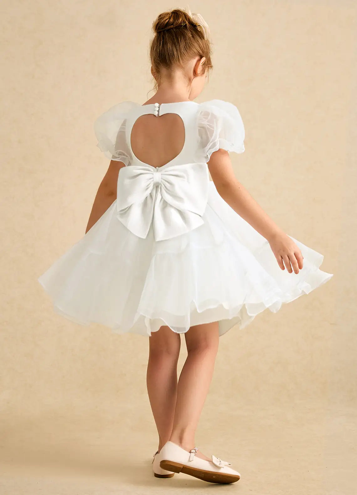 Puff Short Sleeve Sweetheart Heart Cutout Back Big Satin Bow White Tulle Knee-Length Flower Girl Dresses