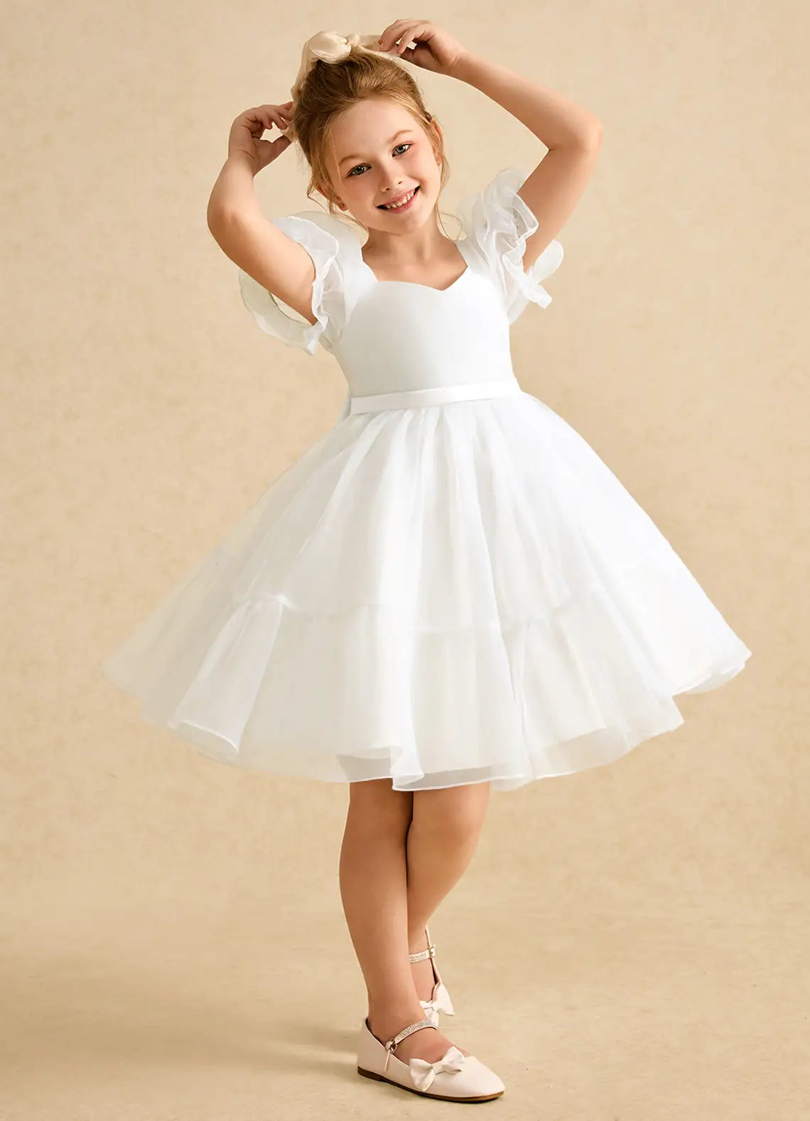 Puff Short Sleeve Sweetheart Heart Cutout Back Big Satin Bow White Tulle Knee-Length Flower Girl Dresses