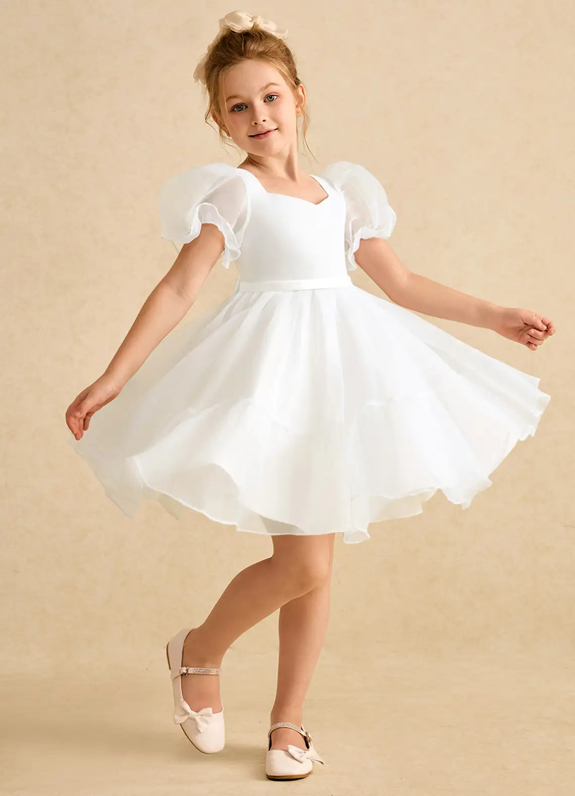 Puff Short Sleeve Sweetheart Heart Cutout Back Big Satin Bow White Tulle Knee-Length Flower Girl Dresses