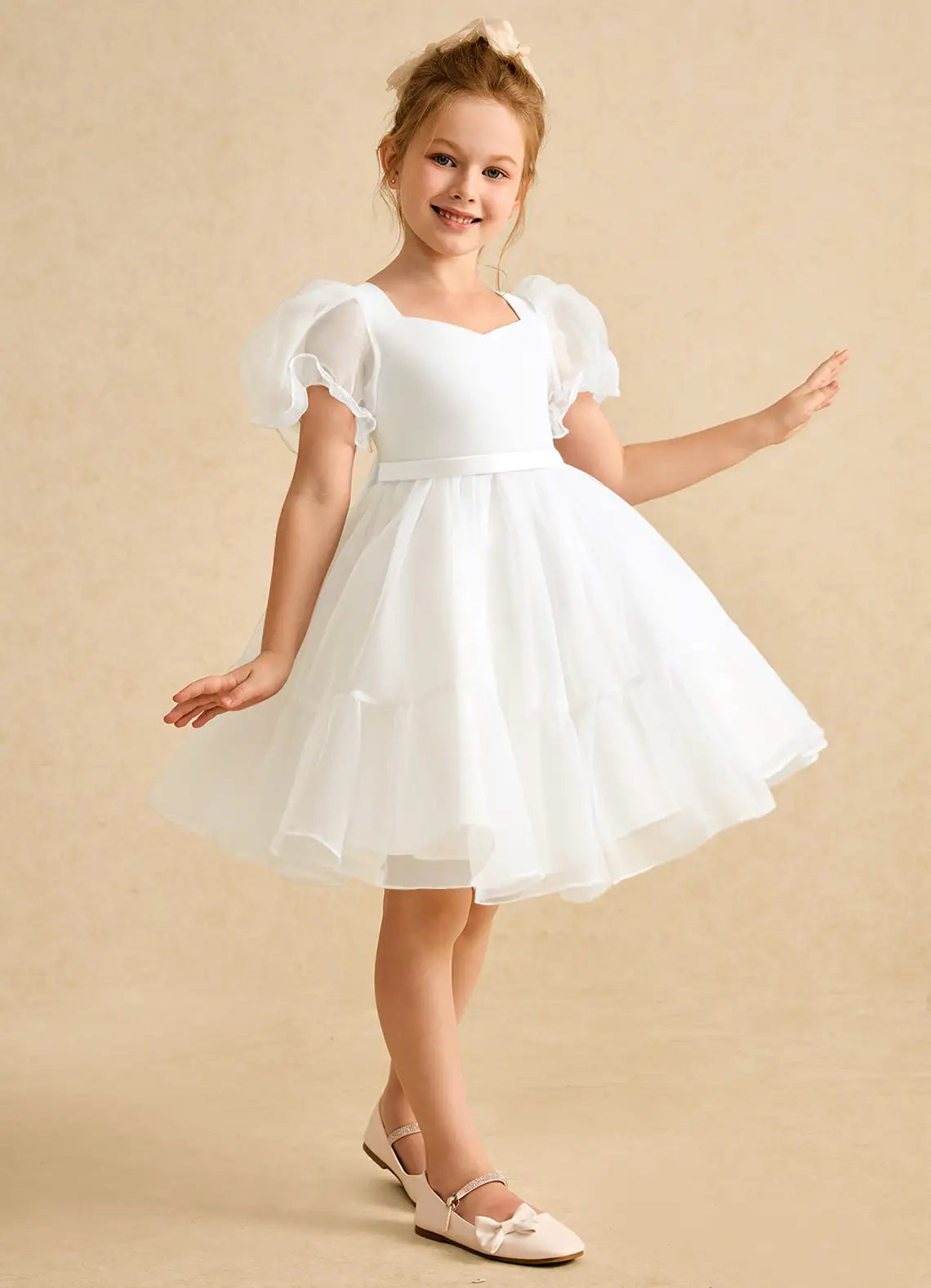 Puff Short Sleeve Sweetheart Heart Cutout Back Big Satin Bow White Tulle Knee-Length Flower Girl Dresses