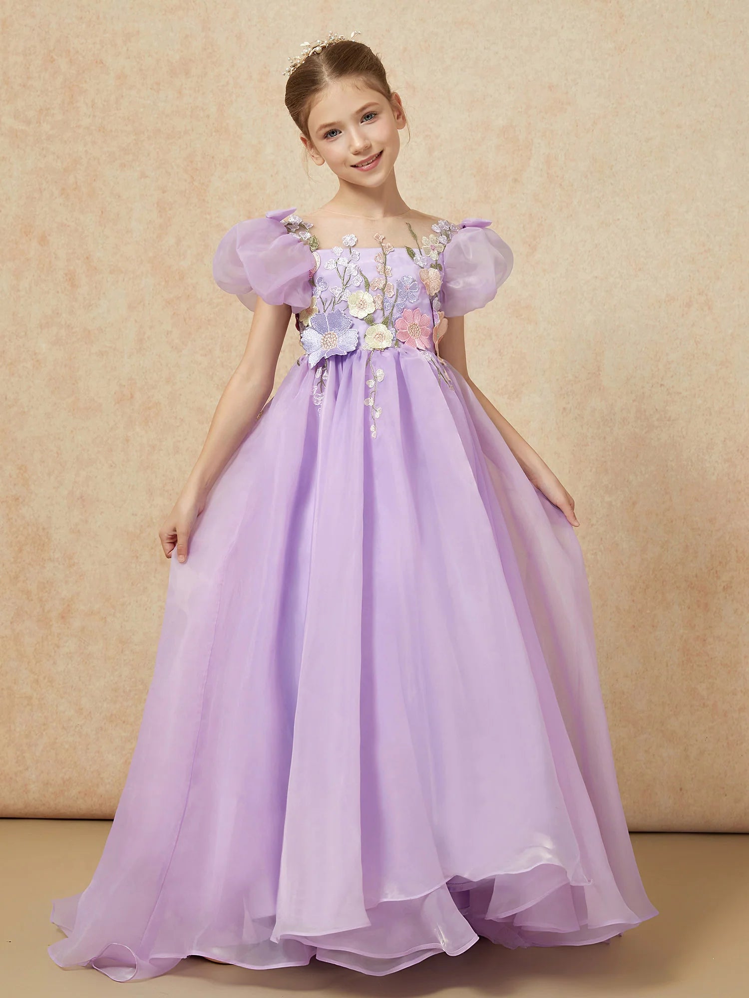 Puff Sleeve Illusion Neck 3D Floral Lavender Tulle Floor Length Flower Girl Dresses