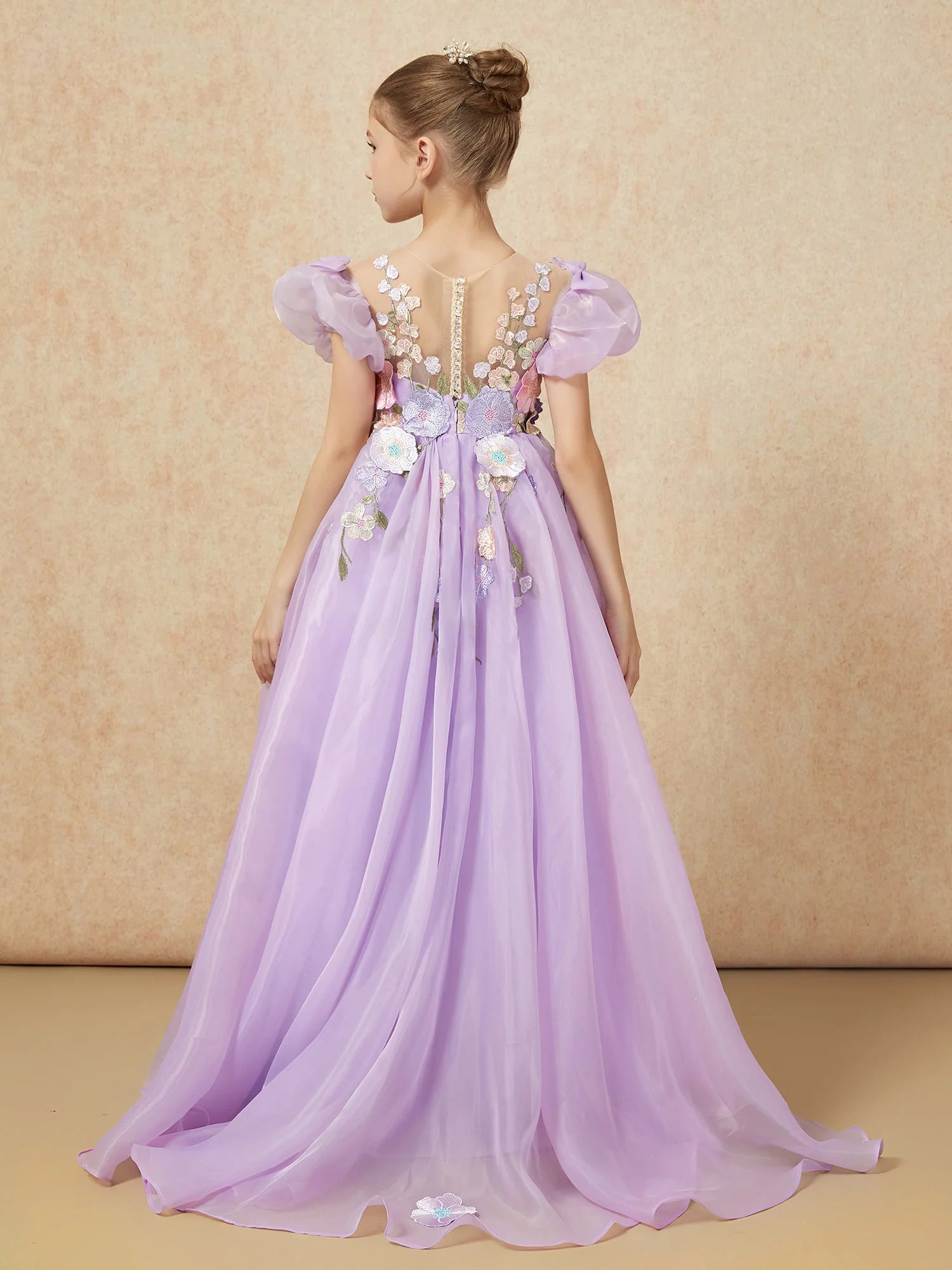 Puff Sleeve Illusion Neck 3D Floral Lavender Tulle Floor Length Flower Girl Dresses