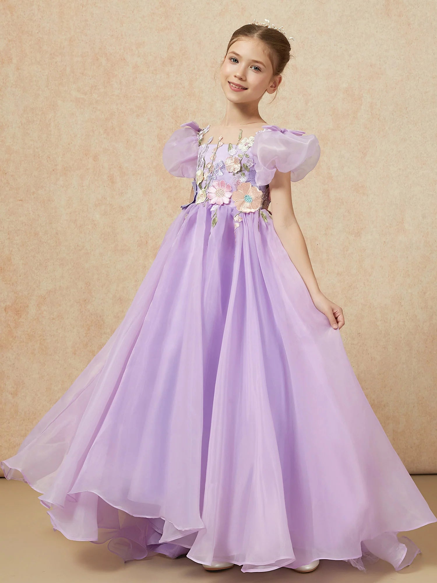 Puff Sleeve Illusion Neck 3D Floral Lavender Tulle Floor Length Flower Girl Dresses