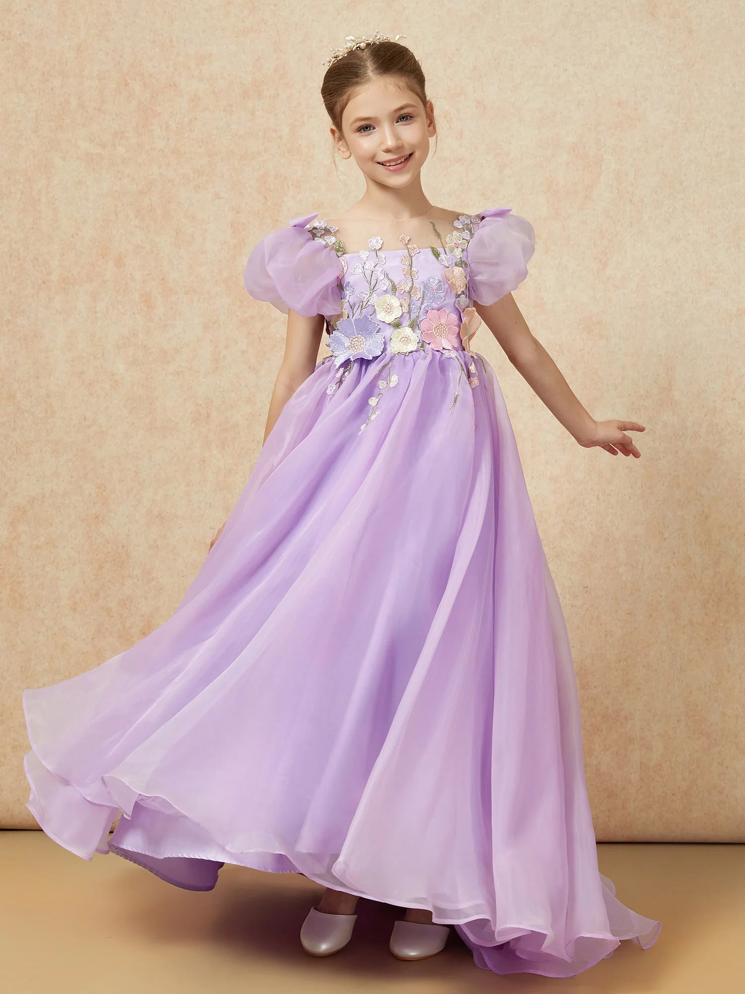 Puff Sleeve Illusion Neck 3D Floral Lavender Tulle Floor Length Flower Girl Dresses