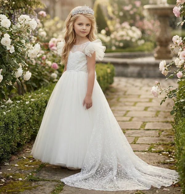 Puff Sleeve Lace White Tulle Full Length Train Flower Girl Dresses with V Back Big Bow