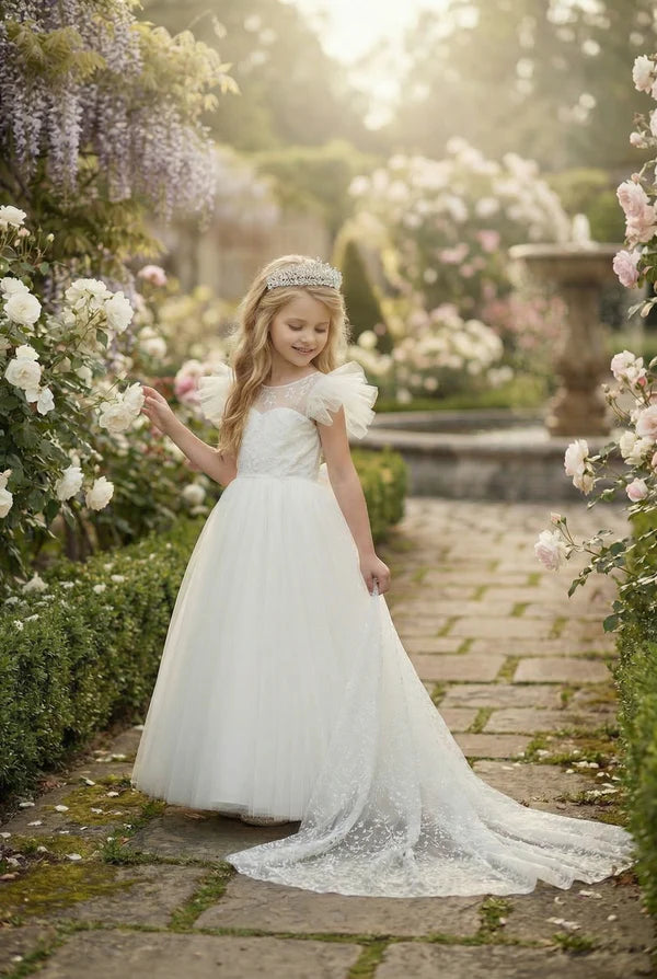 Puff Sleeve Lace White Tulle Full Length Train Flower Girl Dresses with V Back Big Bow