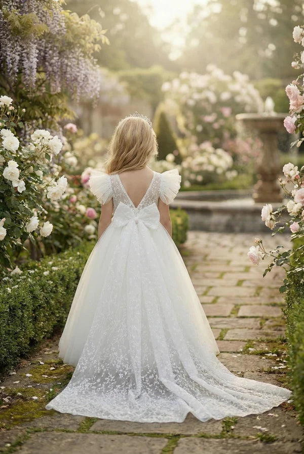 Puff Sleeve Lace White Tulle Full Length Train Flower Girl Dresses with V Back Big Bow
